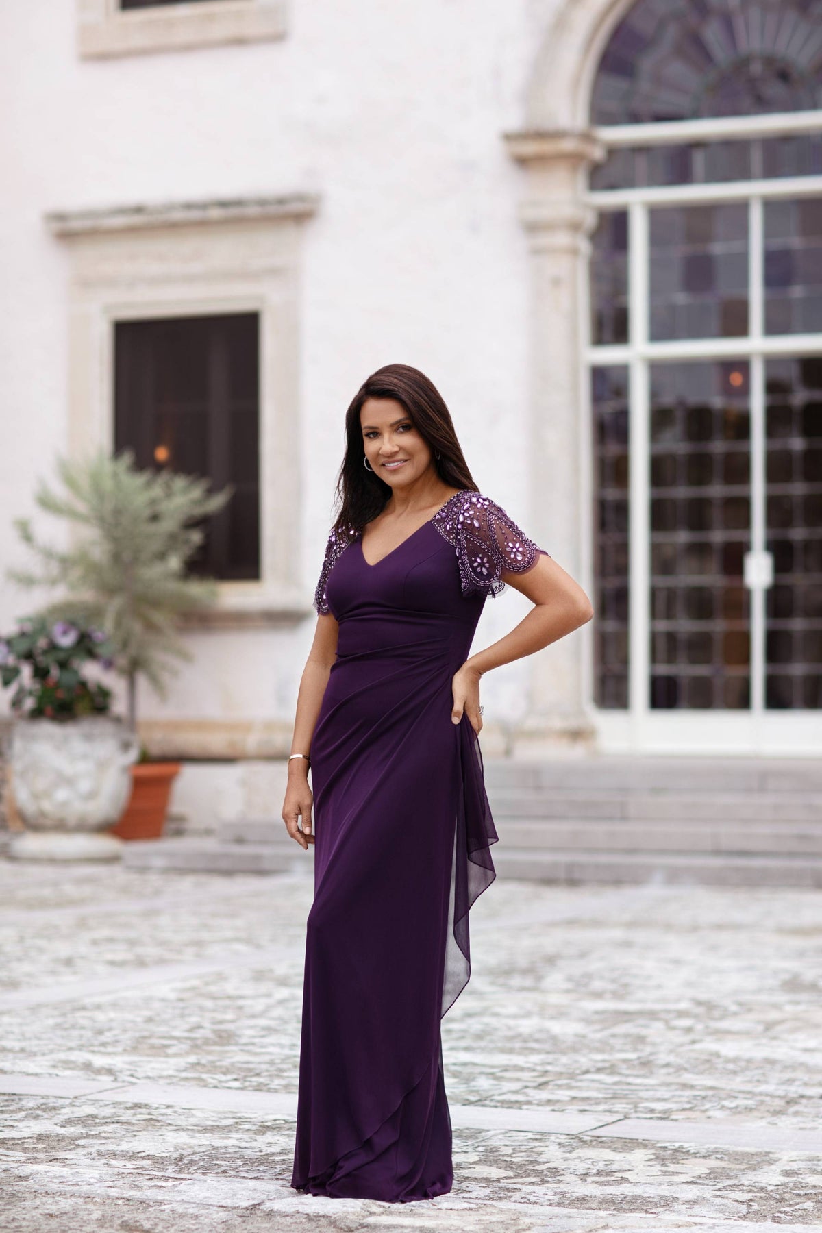 Petite "Lana" Long V-Neck Beaded Flutter Sleeve Dress