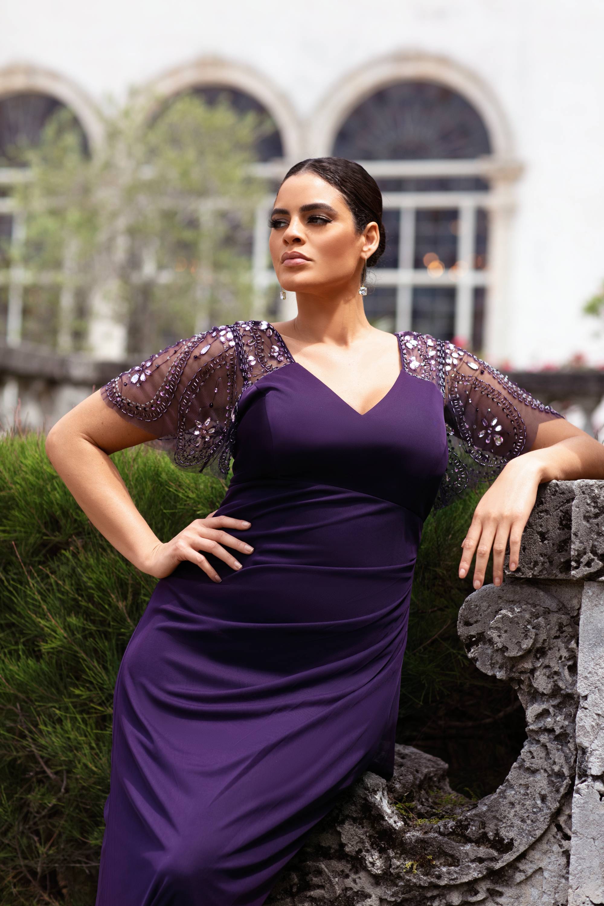 Plus "Lana" Long V-Neck Beaded Flutter Sleeve Dress