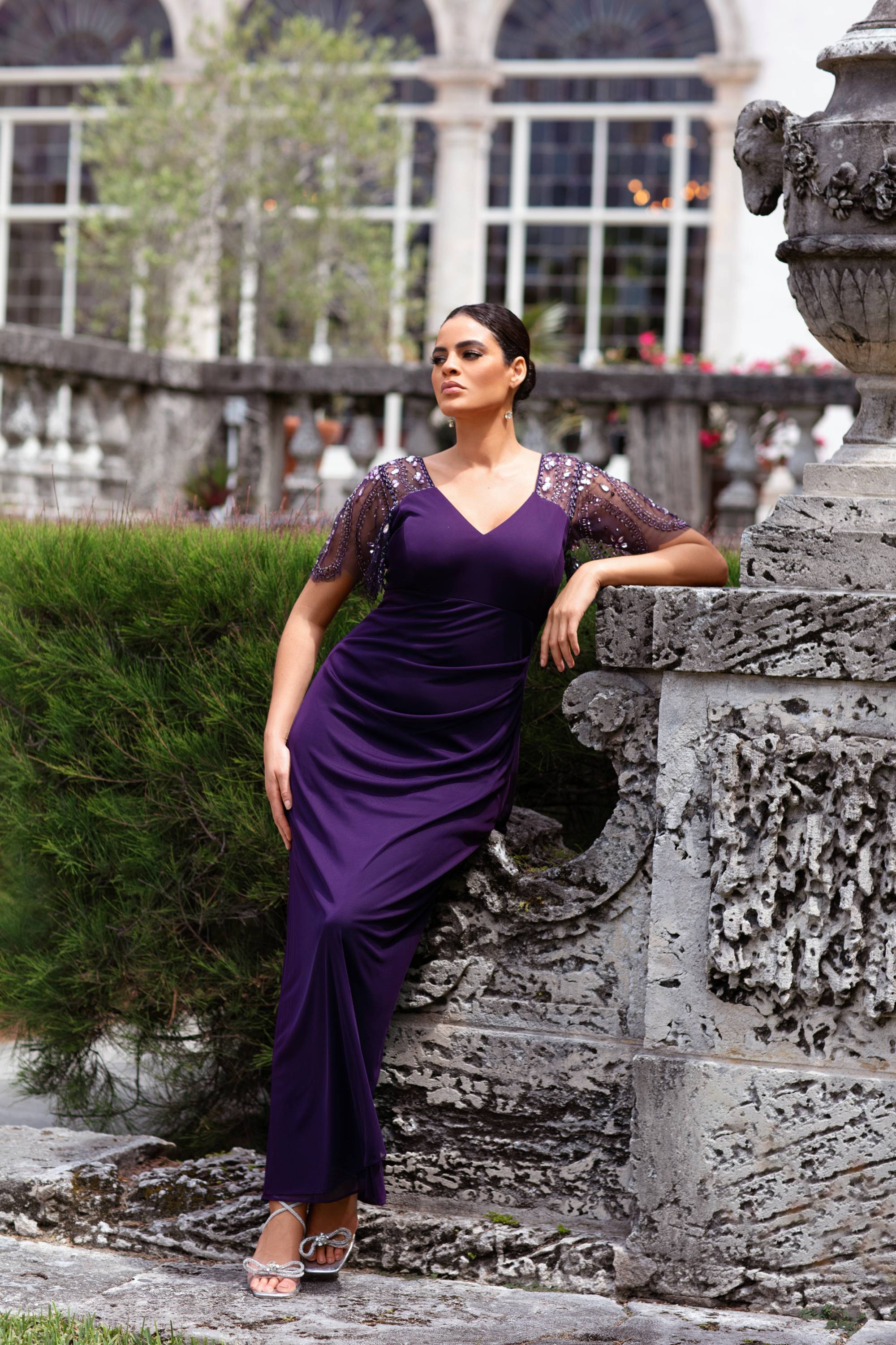 Plus "Lana" Long V-Neck Beaded Flutter Sleeve Dress