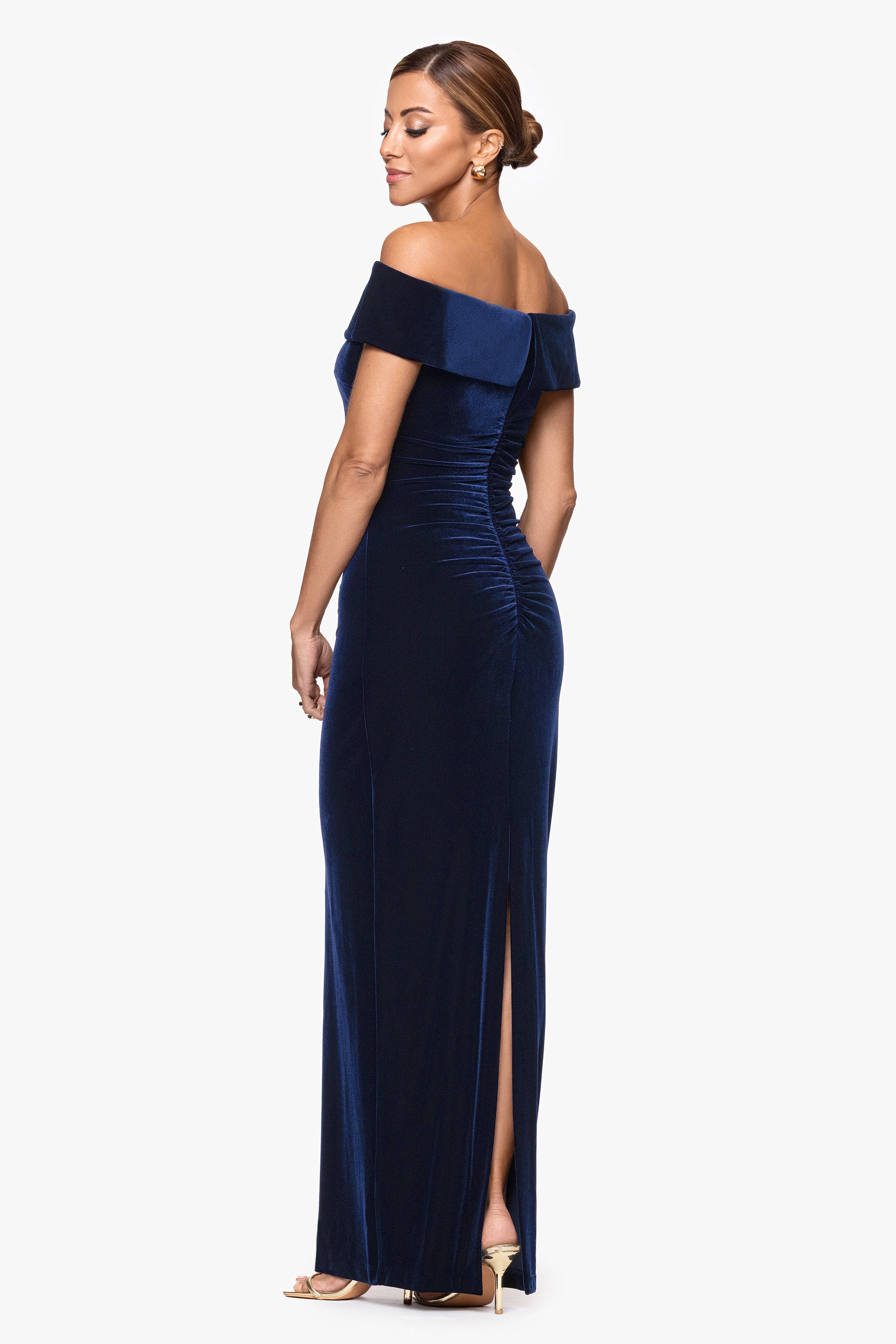 Navy “Lori” Velvet Off The Shoulder Ruched Dress, back view