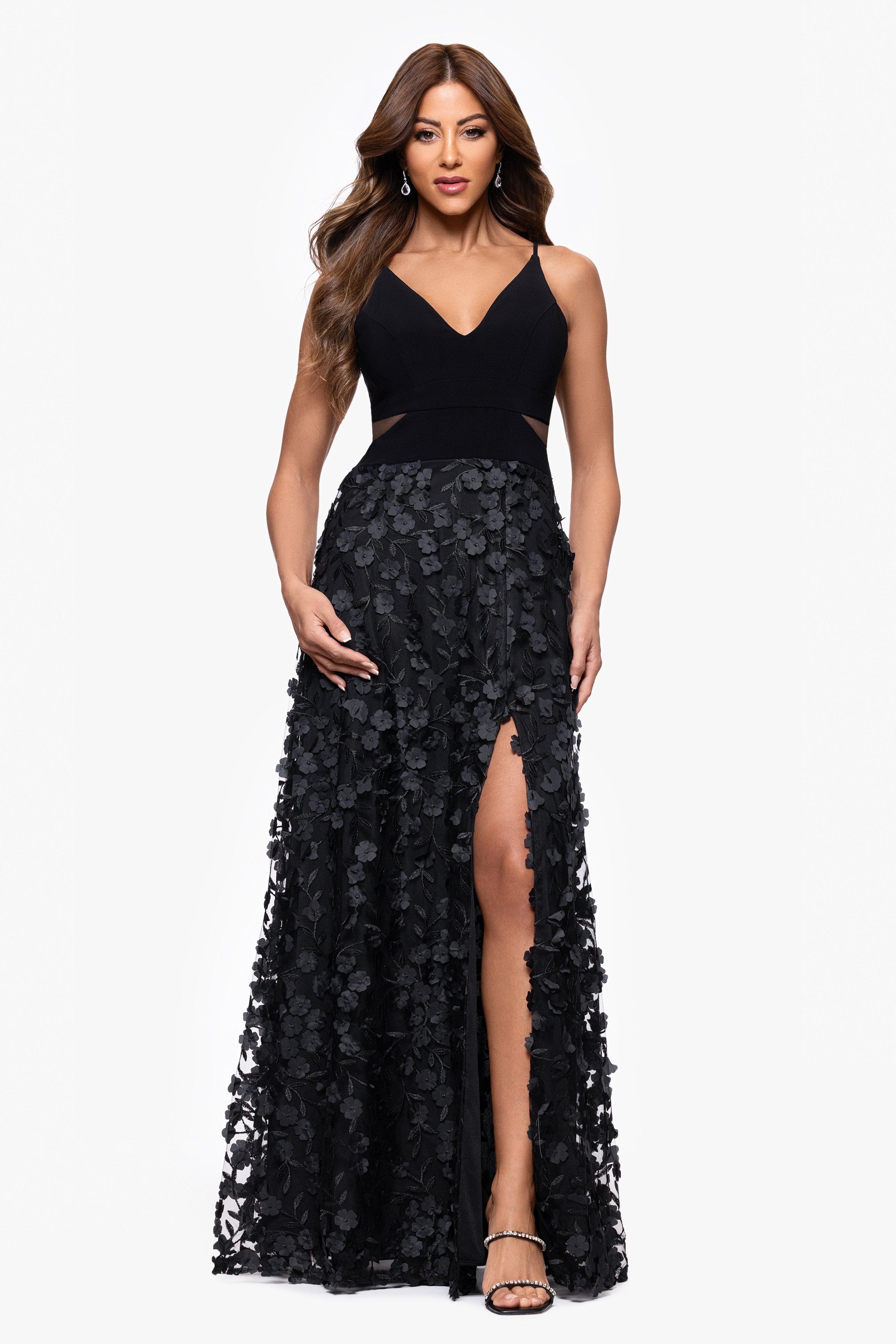 Petite "Iris" Jersey Knit V-Neck Raised Flower Long Dress