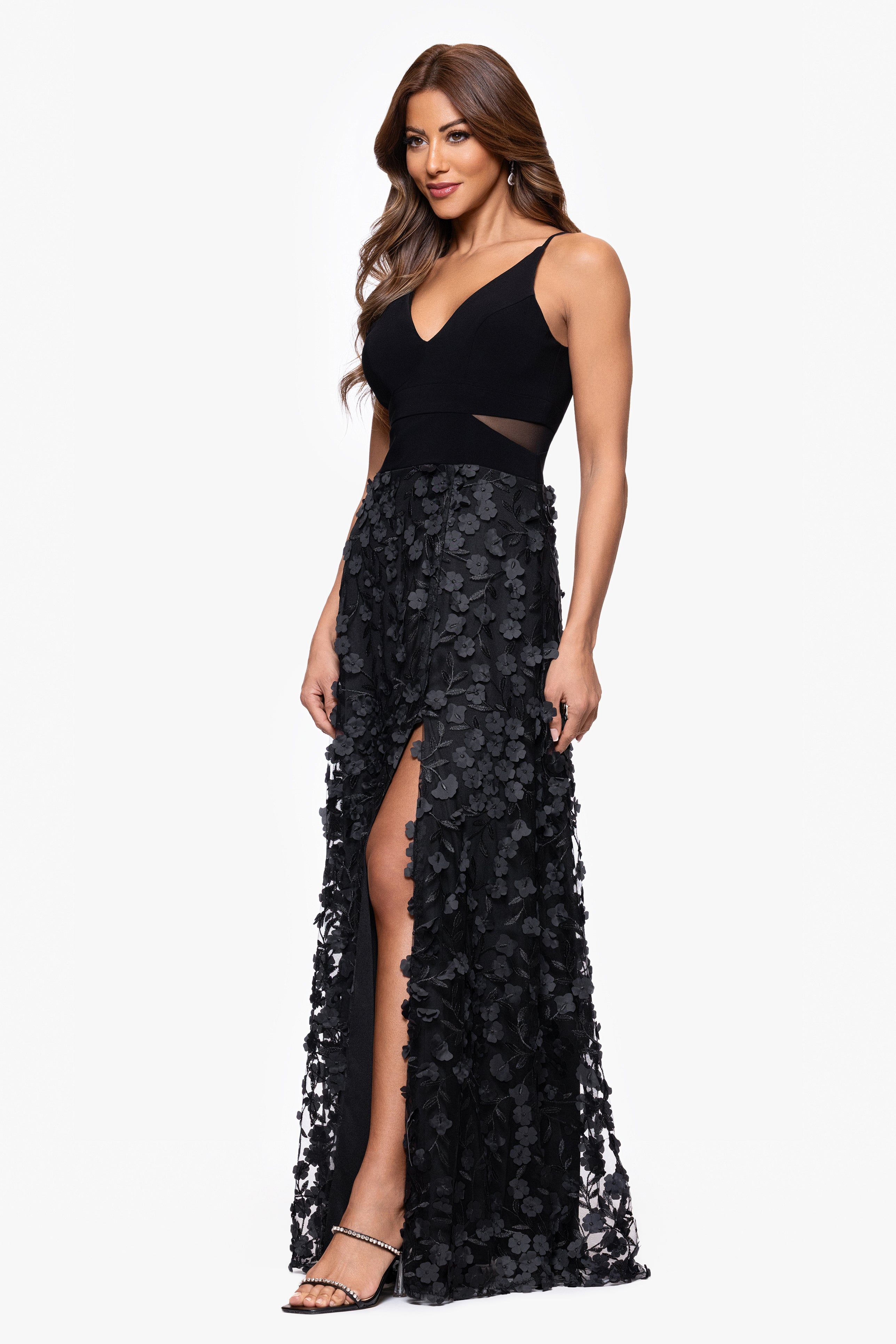 Petite "Iris" Jersey Knit V-Neck Raised Flower Long Dress