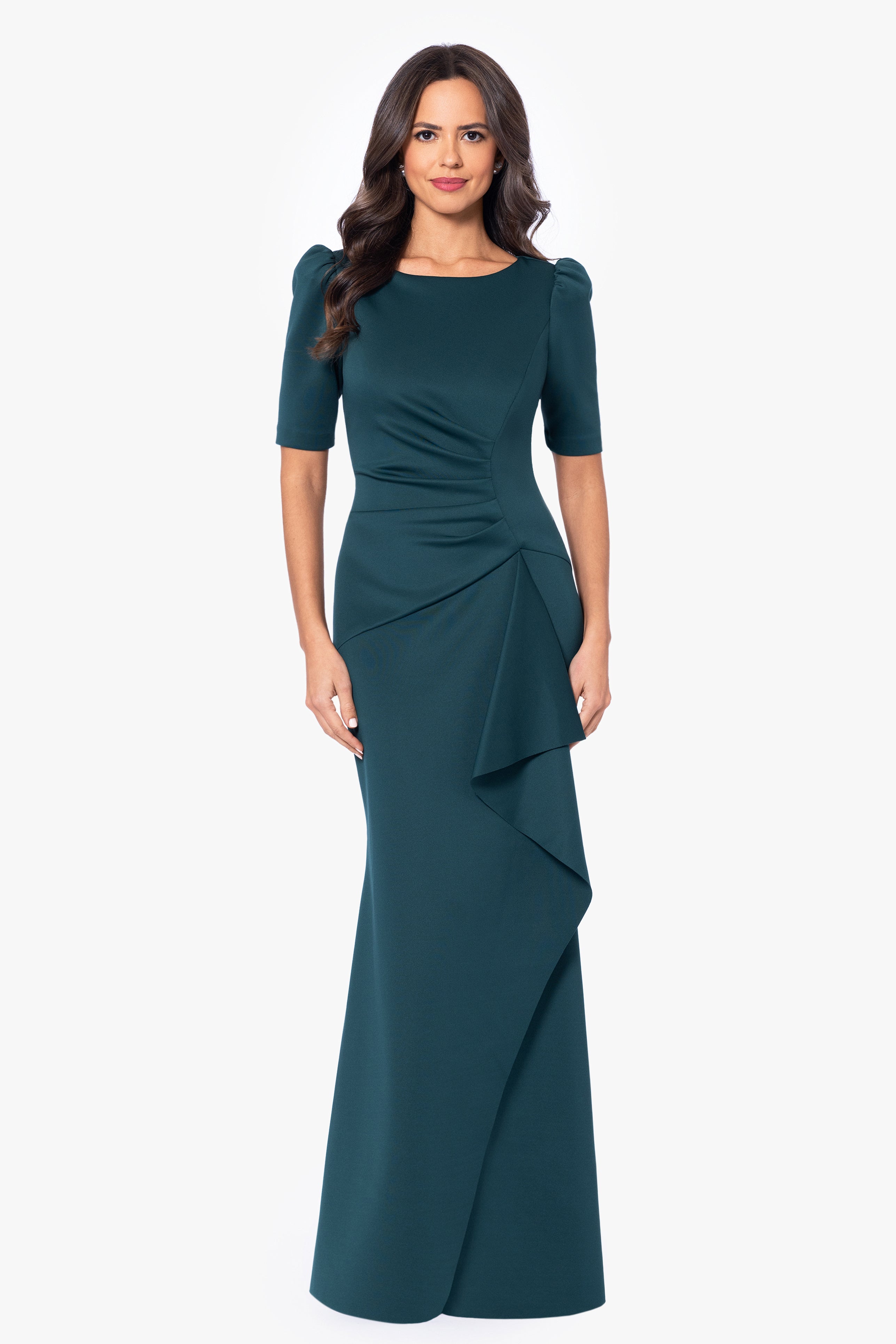 "Demi" Scuba Short Sleeve Side Ruched Floor Length Gown