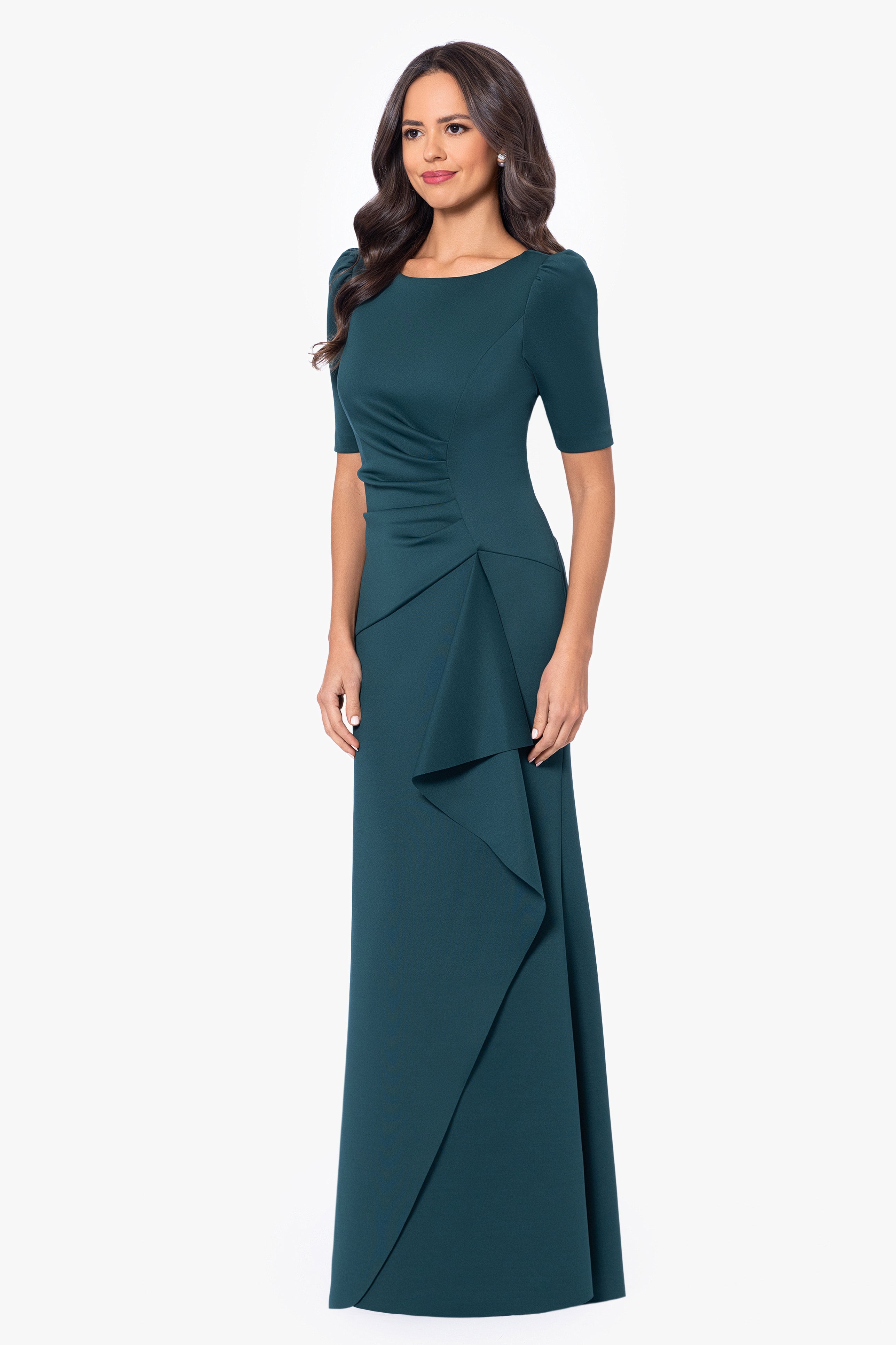 "Demi" Scuba Short Sleeve Side Ruched Floor Length Gown