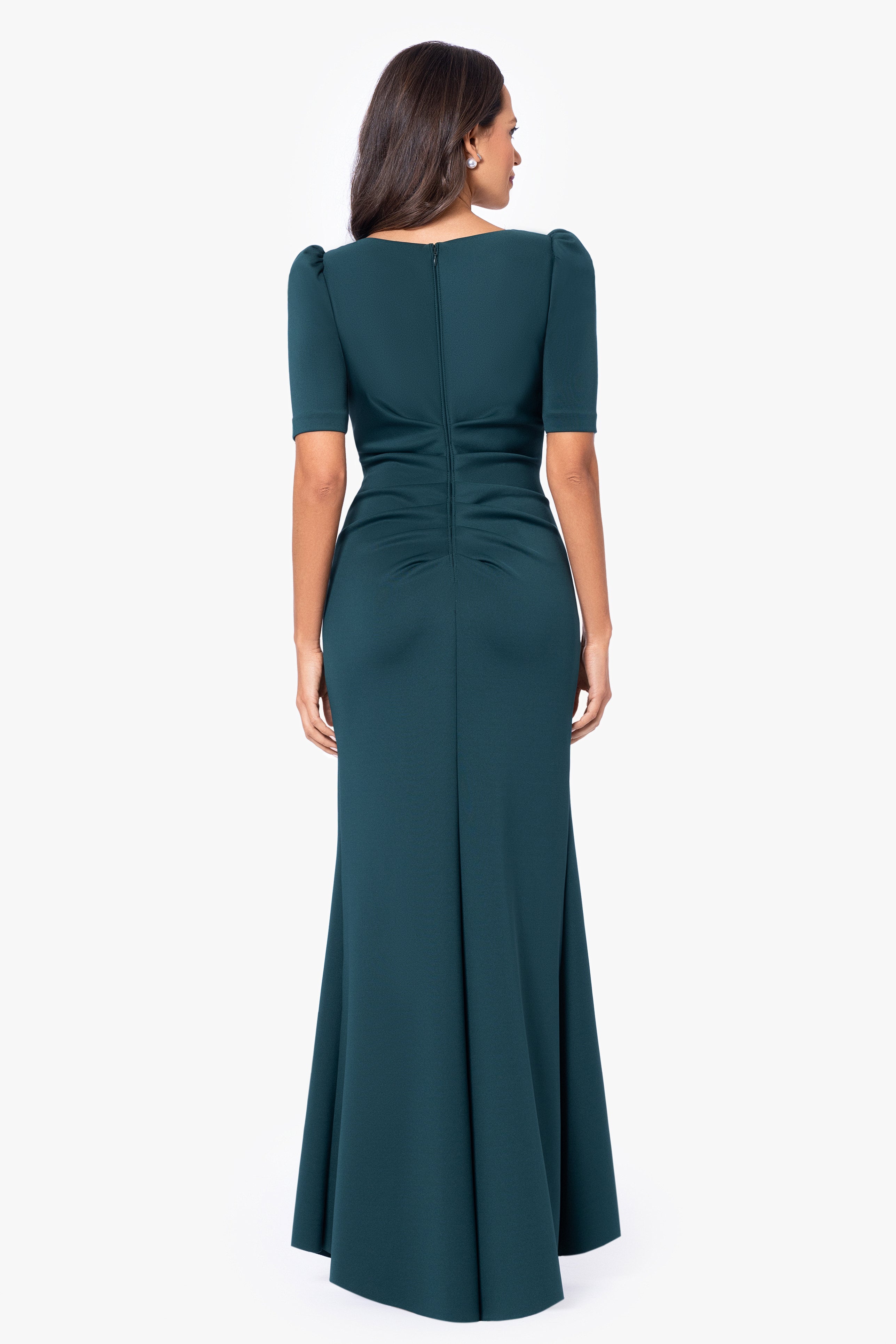 "Demi" Scuba Short Sleeve Side Ruched Floor Length Gown