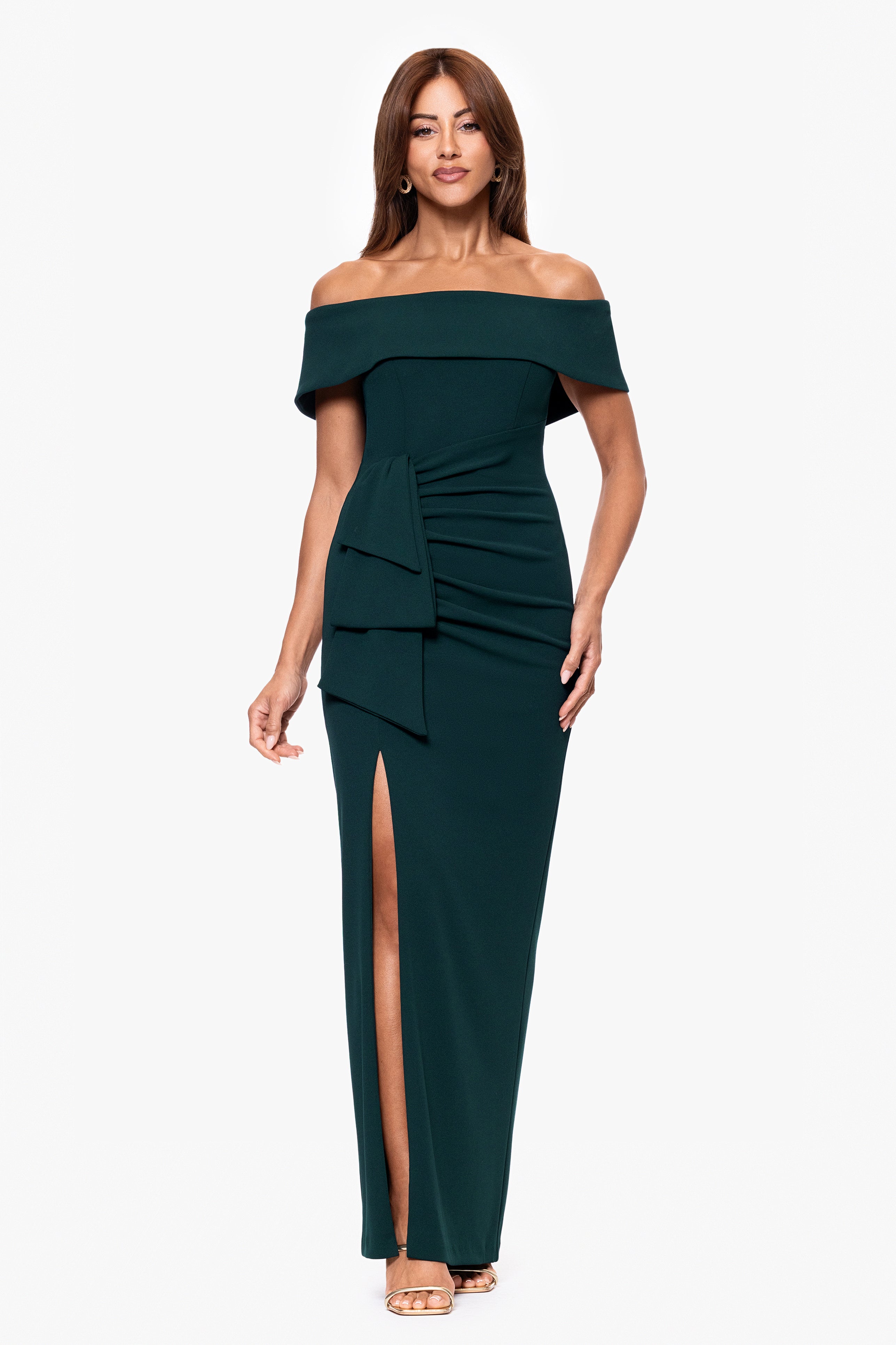 "Camila" Long Off the Shoulder Scuba Crepe Dress