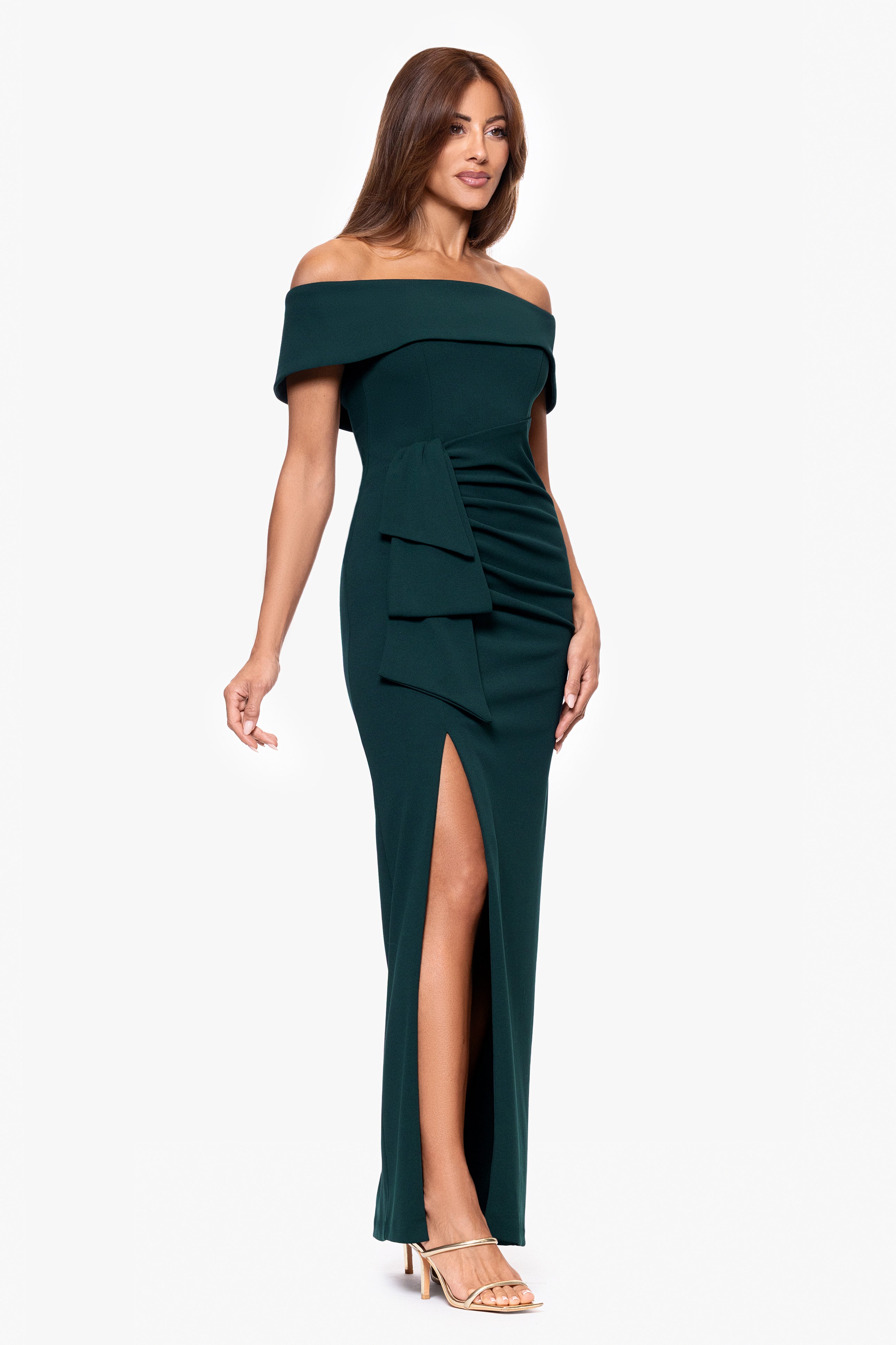 "Camila" Long Off the Shoulder Scuba Crepe Dress