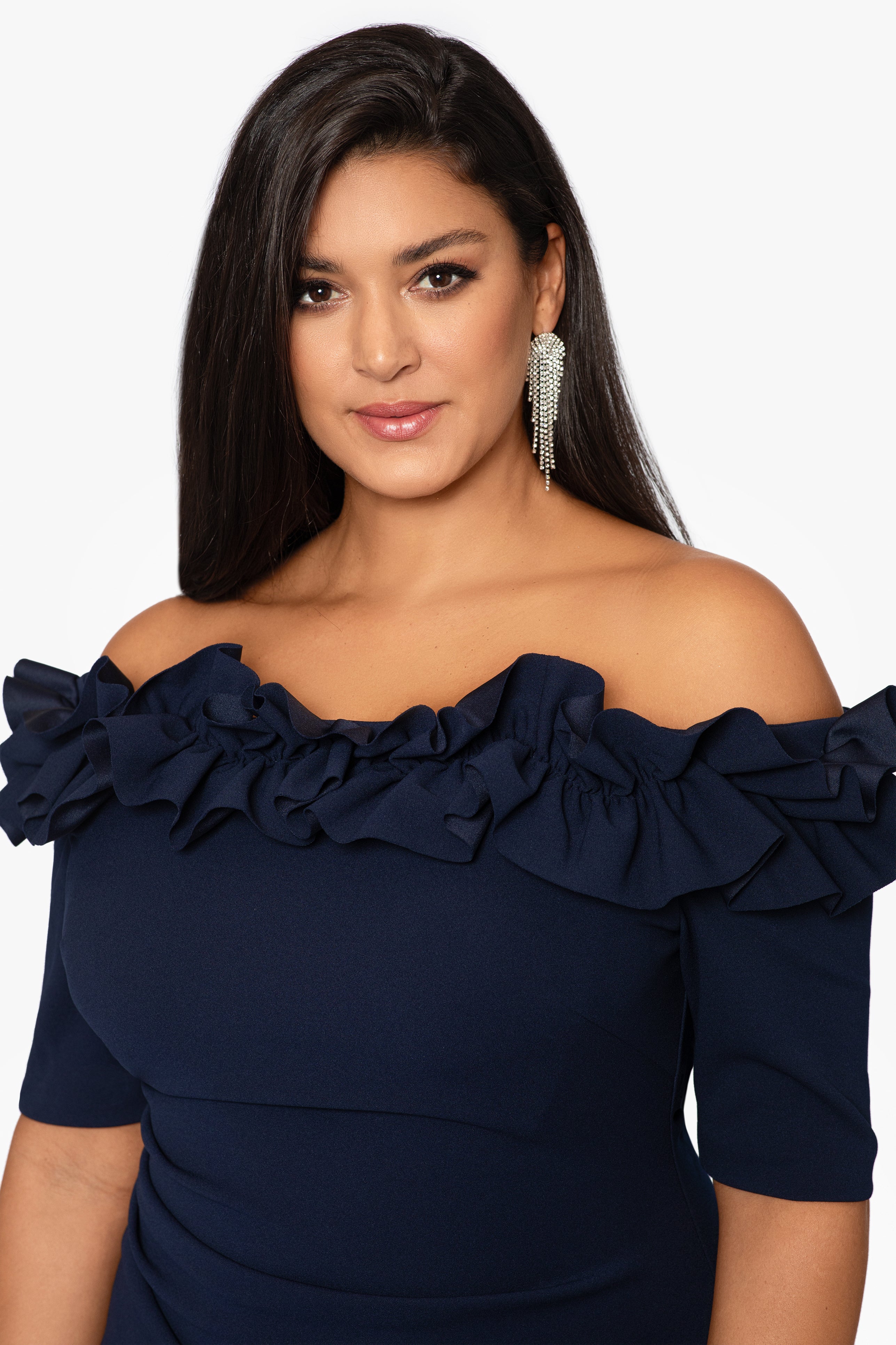 Plus "Isla" Long Crepe Off the Shoulder Ruffle Dress