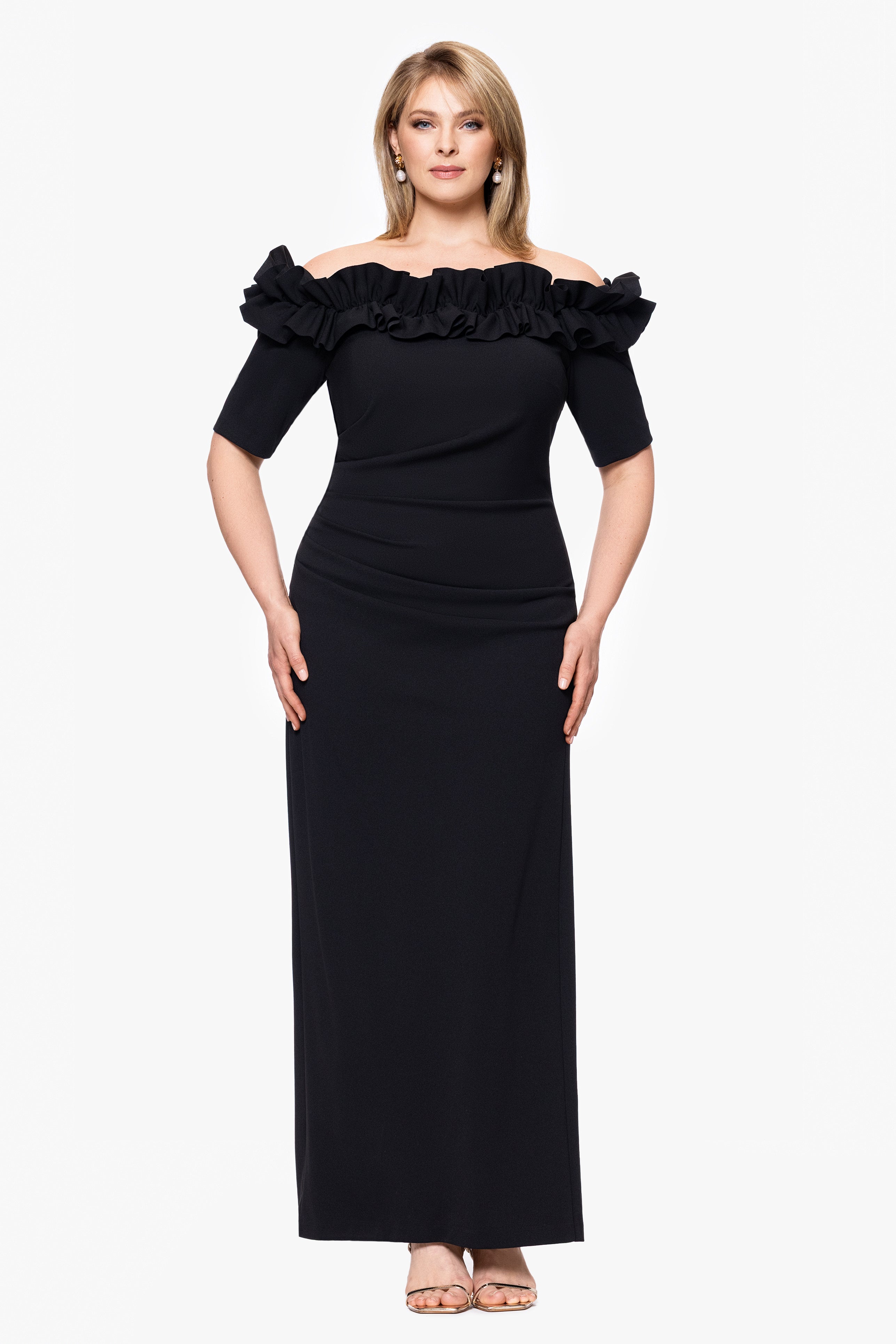 Plus "Isla" Scuba Crepe Off Shoulder Ruffle Short Sleeve Dress