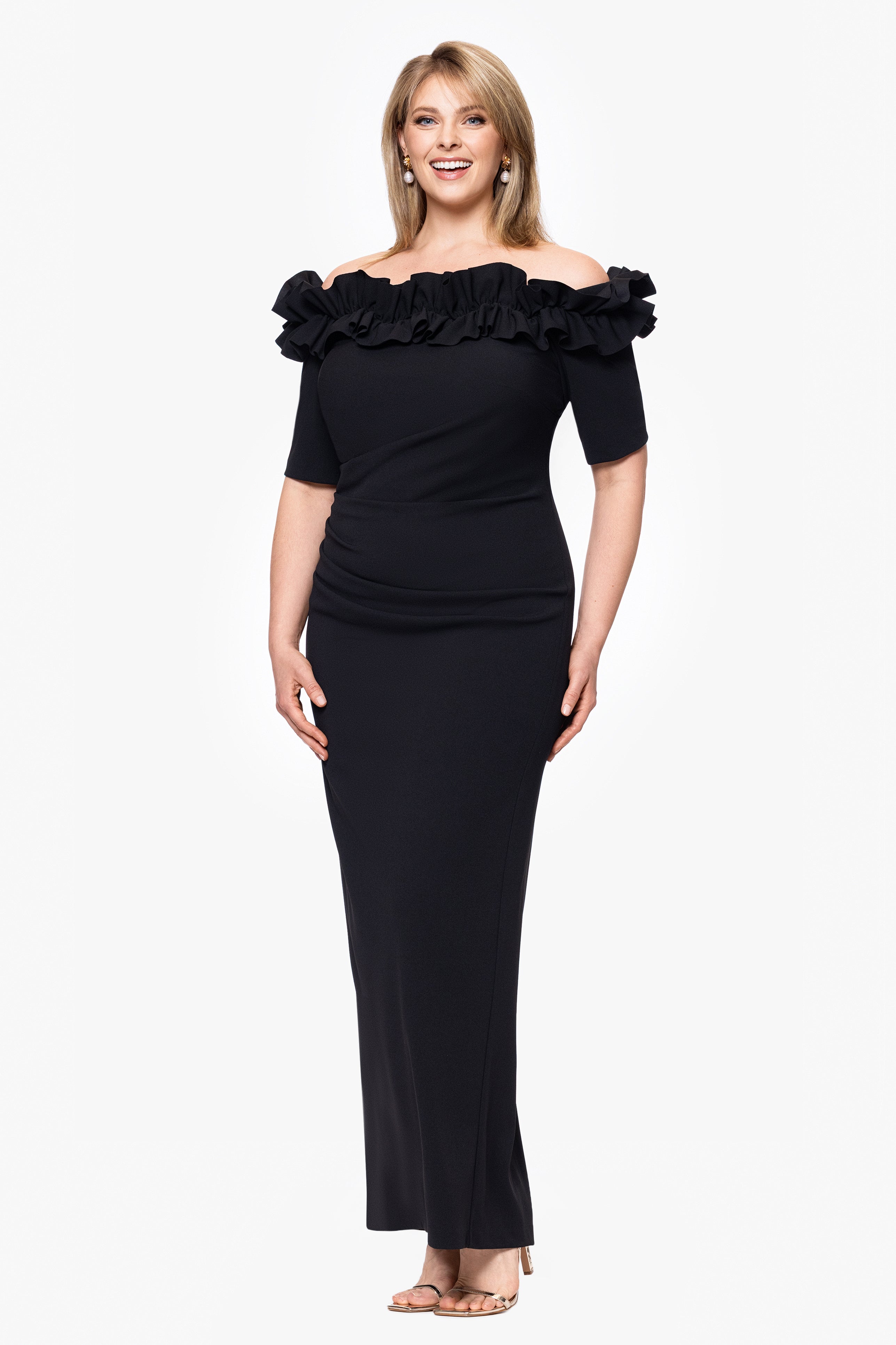 Plus "Isla" Long Crepe Off the Shoulder Ruffle Dress