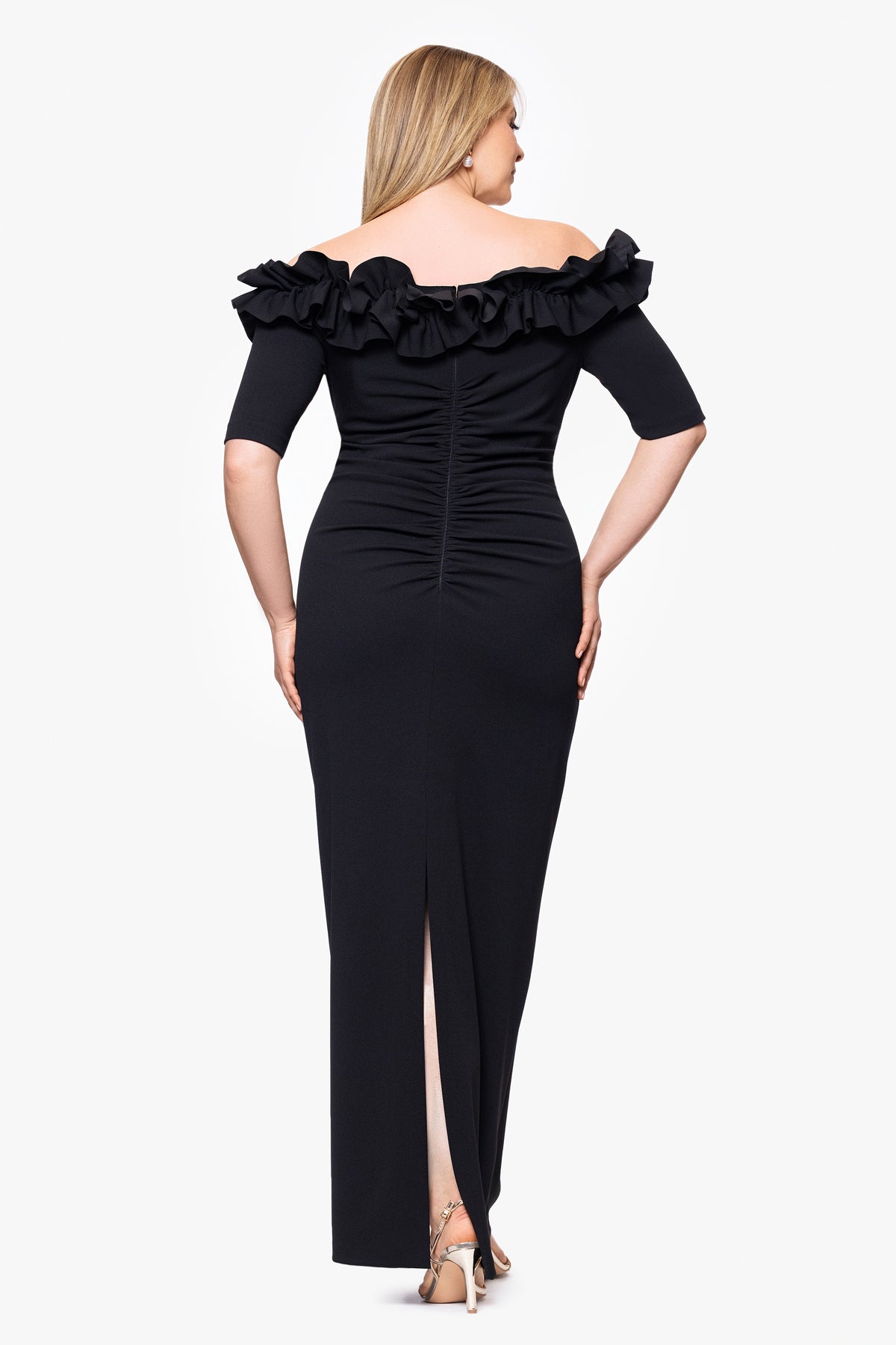 Plus "Isla" Scuba Crepe Off Shoulder Ruffle Short Sleeve Dress