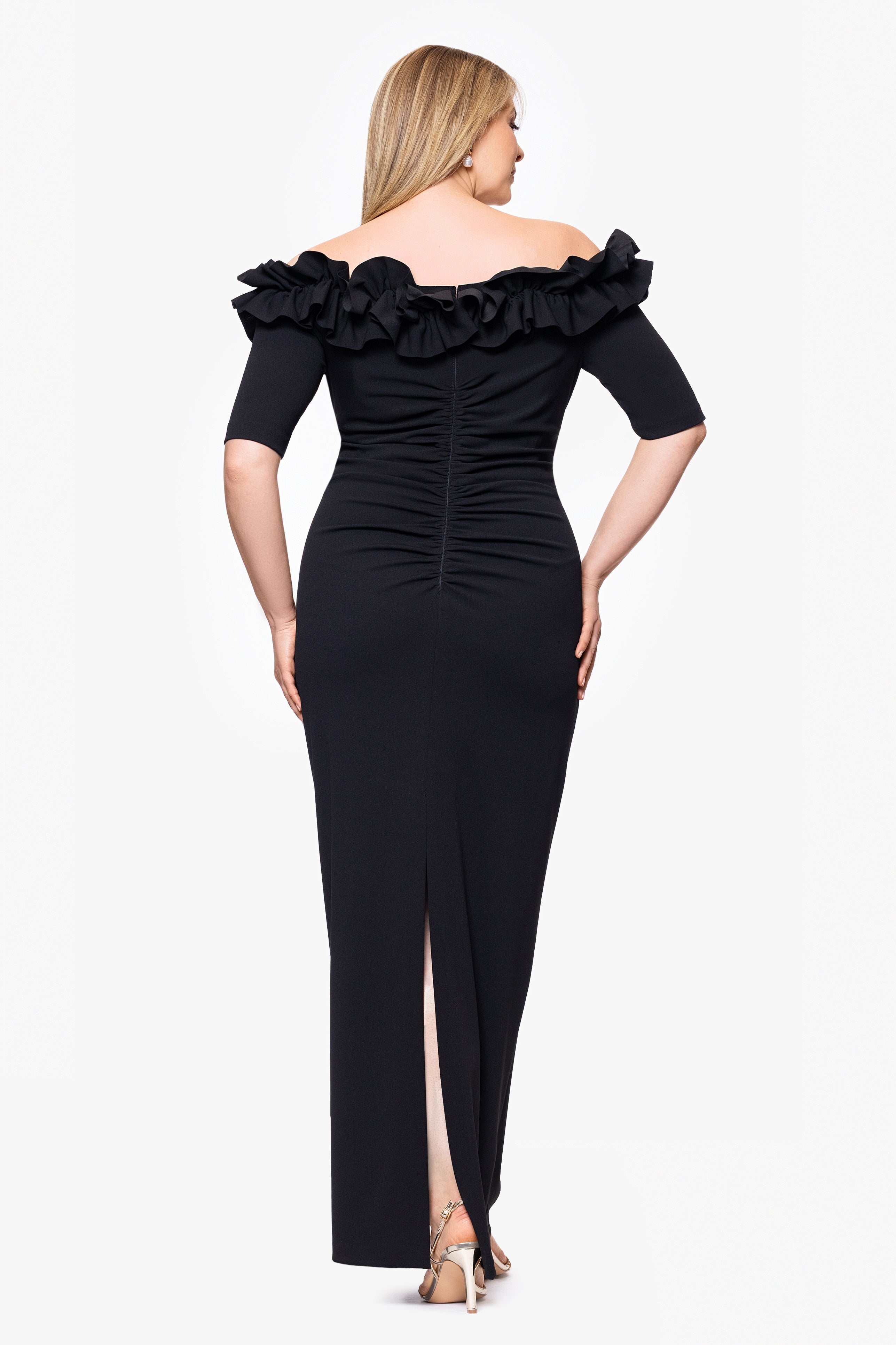 Plus "Isla" Long Crepe Off the Shoulder Ruffle Dress