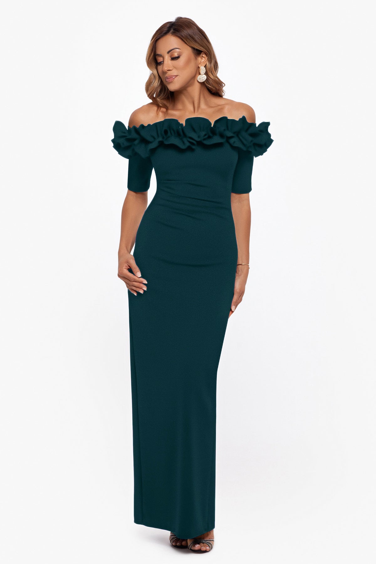 Petite "Isla" Scuba Crepe Off The Shoulder Ruffle Dress