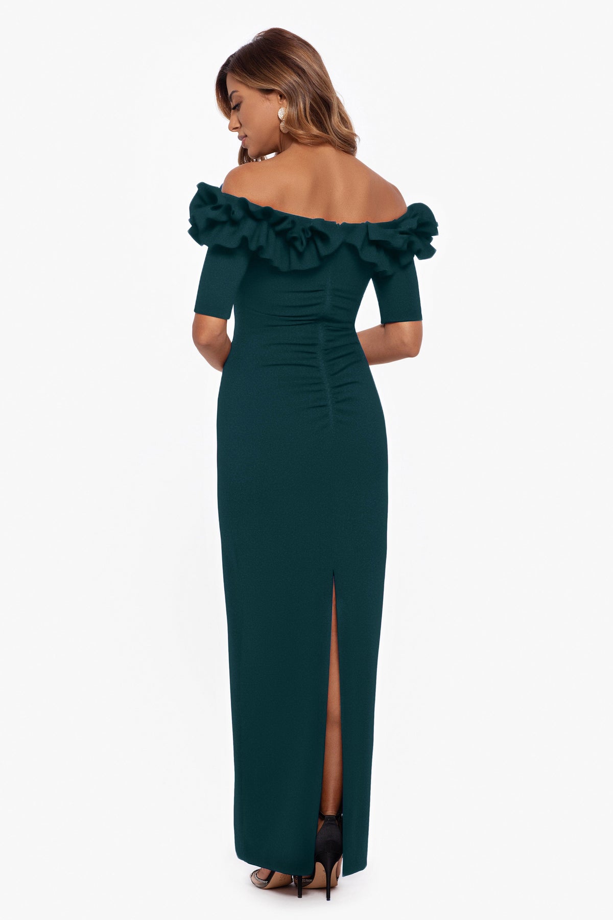 Petite "Isla" Scuba Crepe Off The Shoulder Ruffle Dress