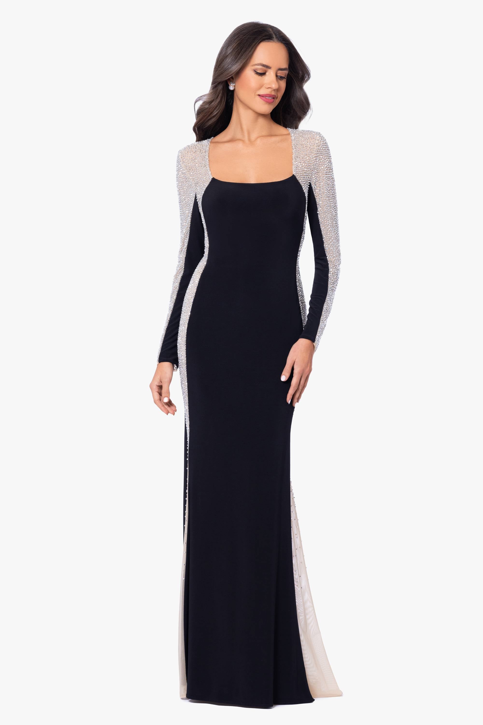 Xscape Embellished Colorblocked Gown - Black/Nude/Silver