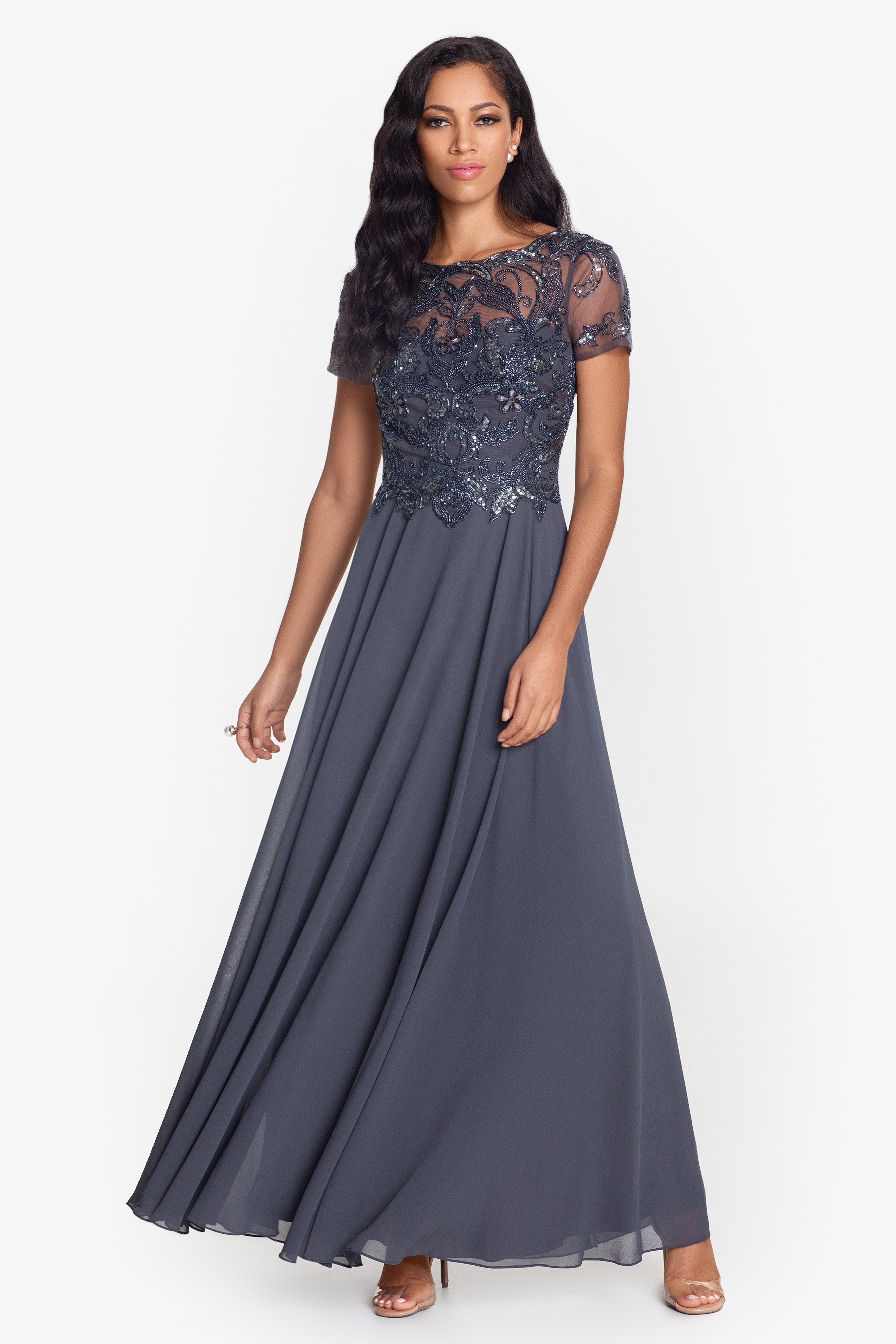 "Jerri" Beaded Short Sleeve Chiffon Gown