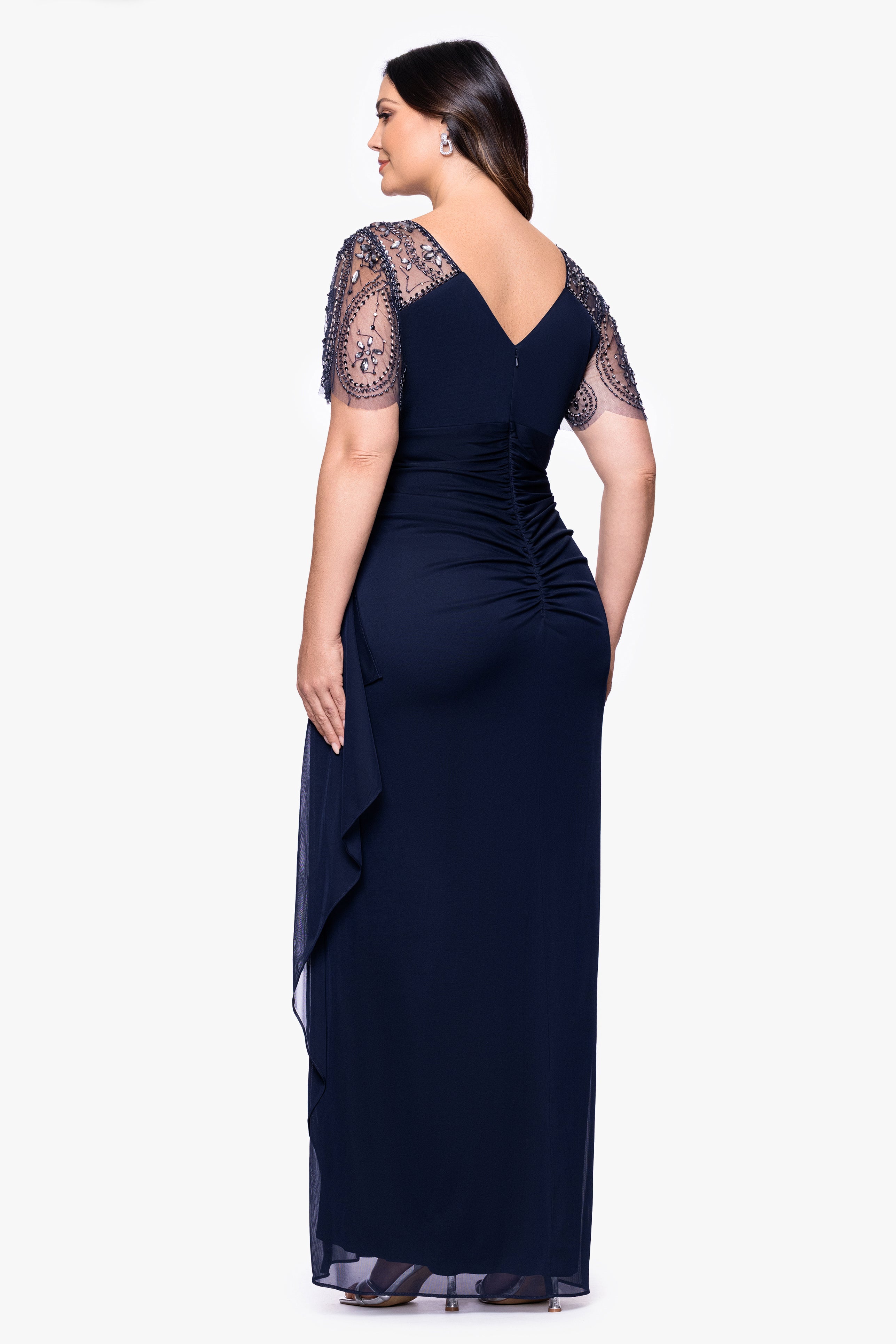 Plus "Lana" Long V-Neck Beaded Flutter Sleeve Dress