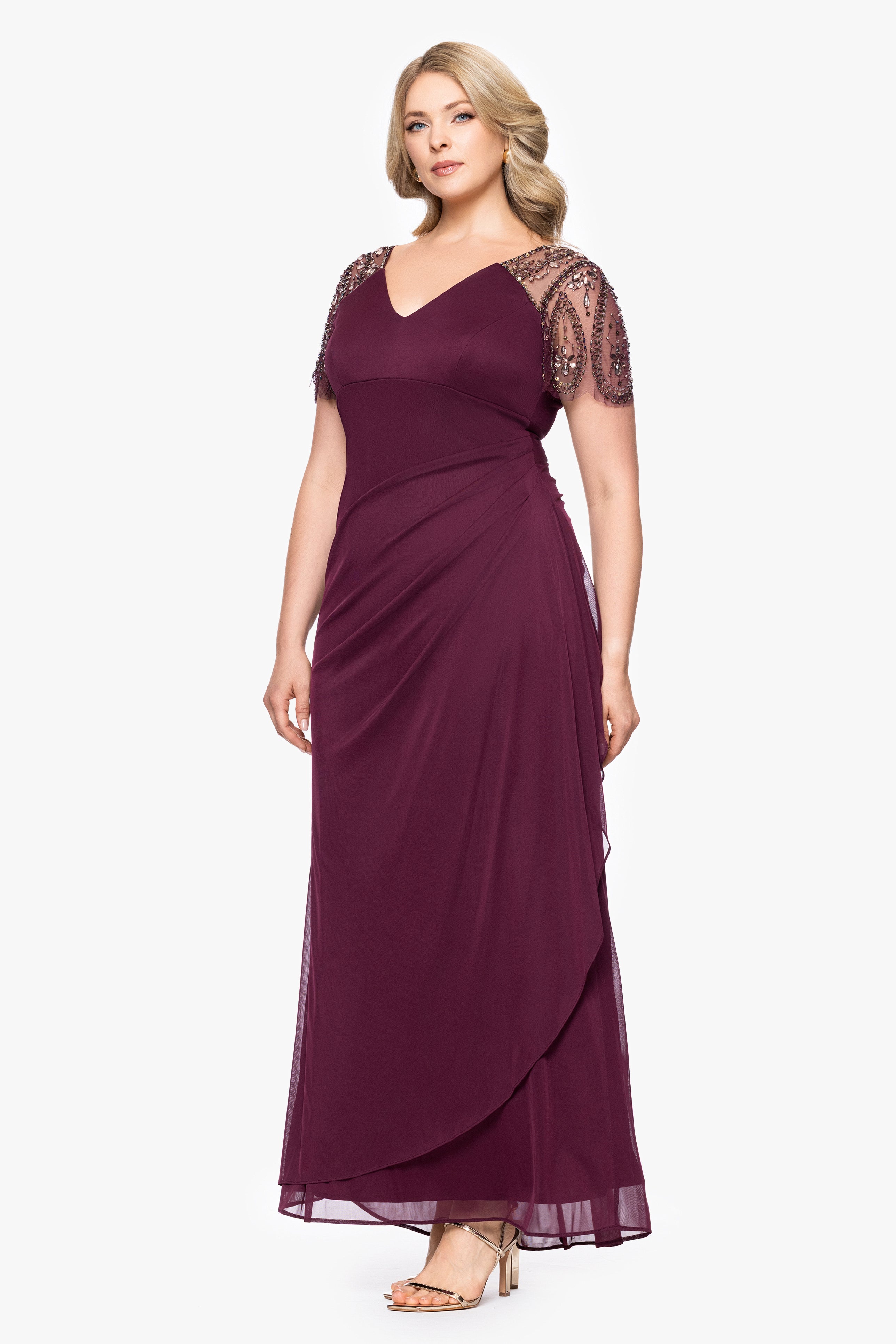 Plus "Lana" Long V-Neck Beaded Flutter Sleeve Dress