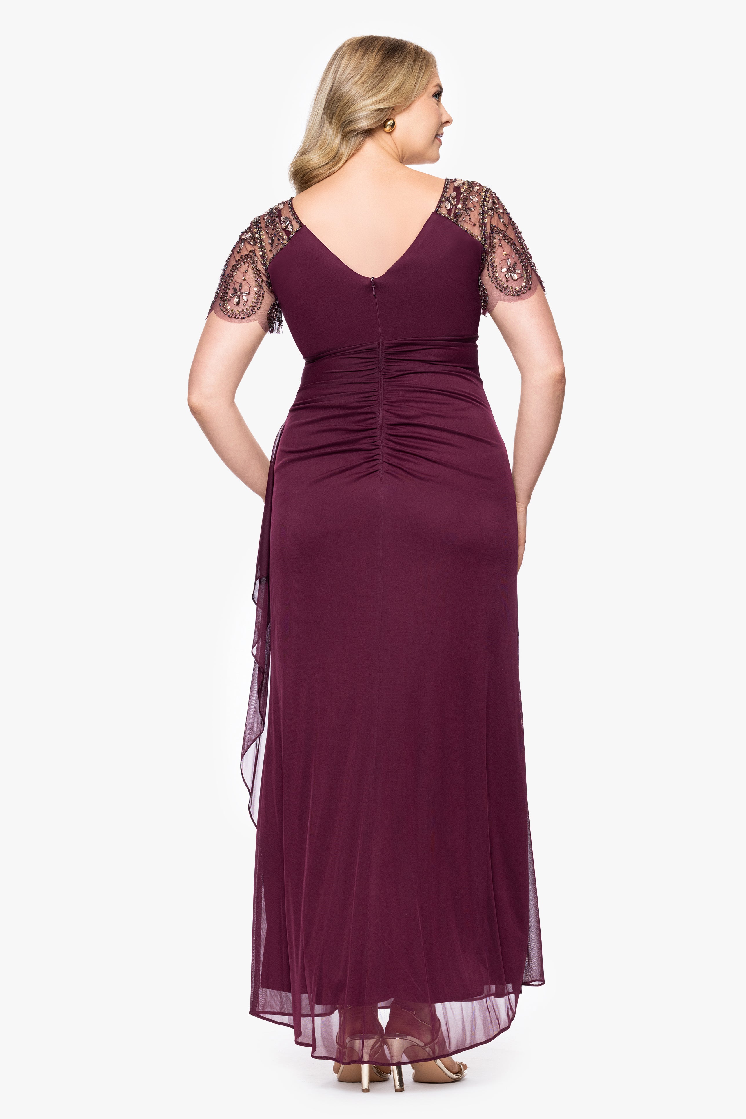 Plus "Lana" Long V-Neck Beaded Flutter Sleeve Dress