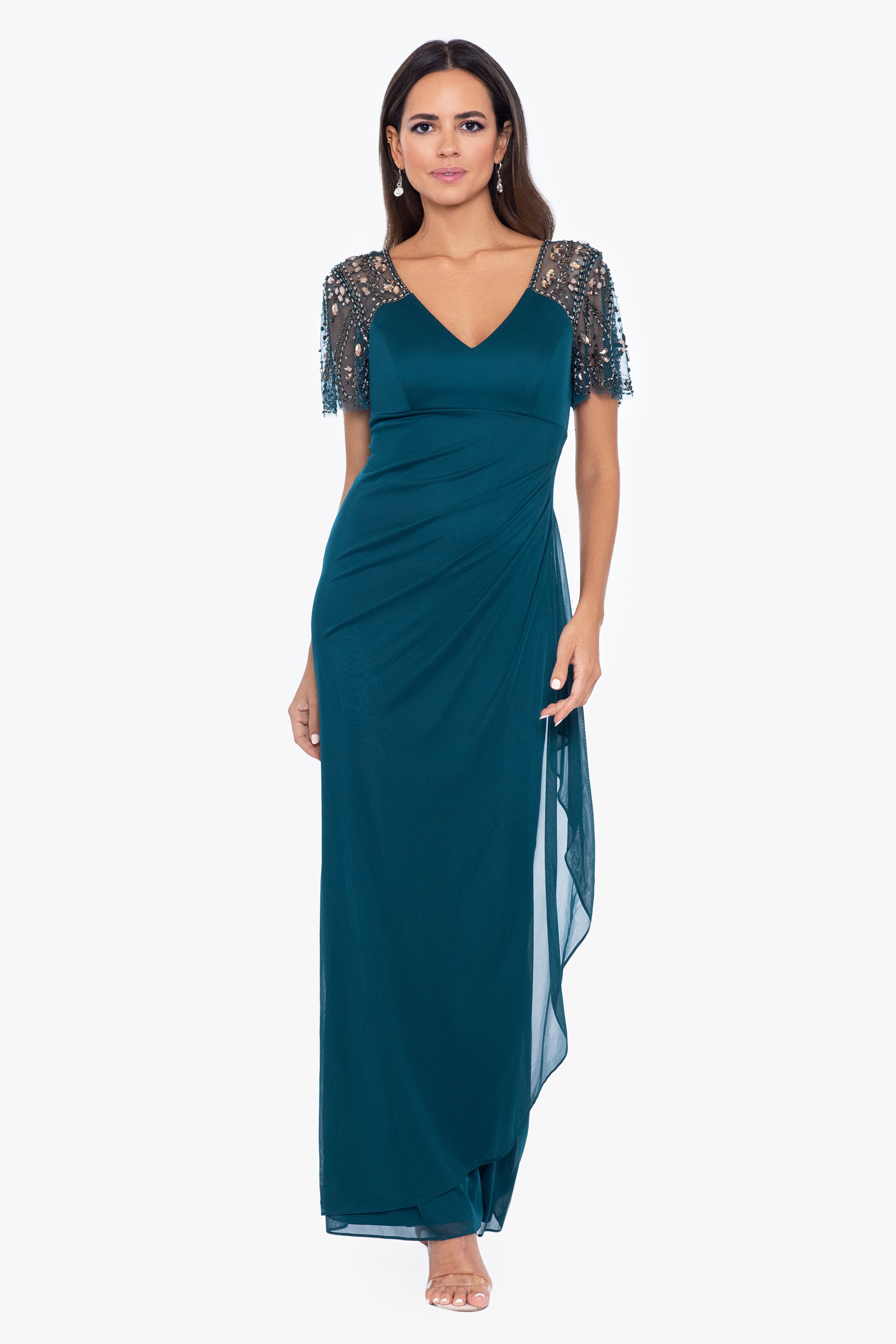 "Lana" Long V-Neck Beaded Flutter Sleeve Dress