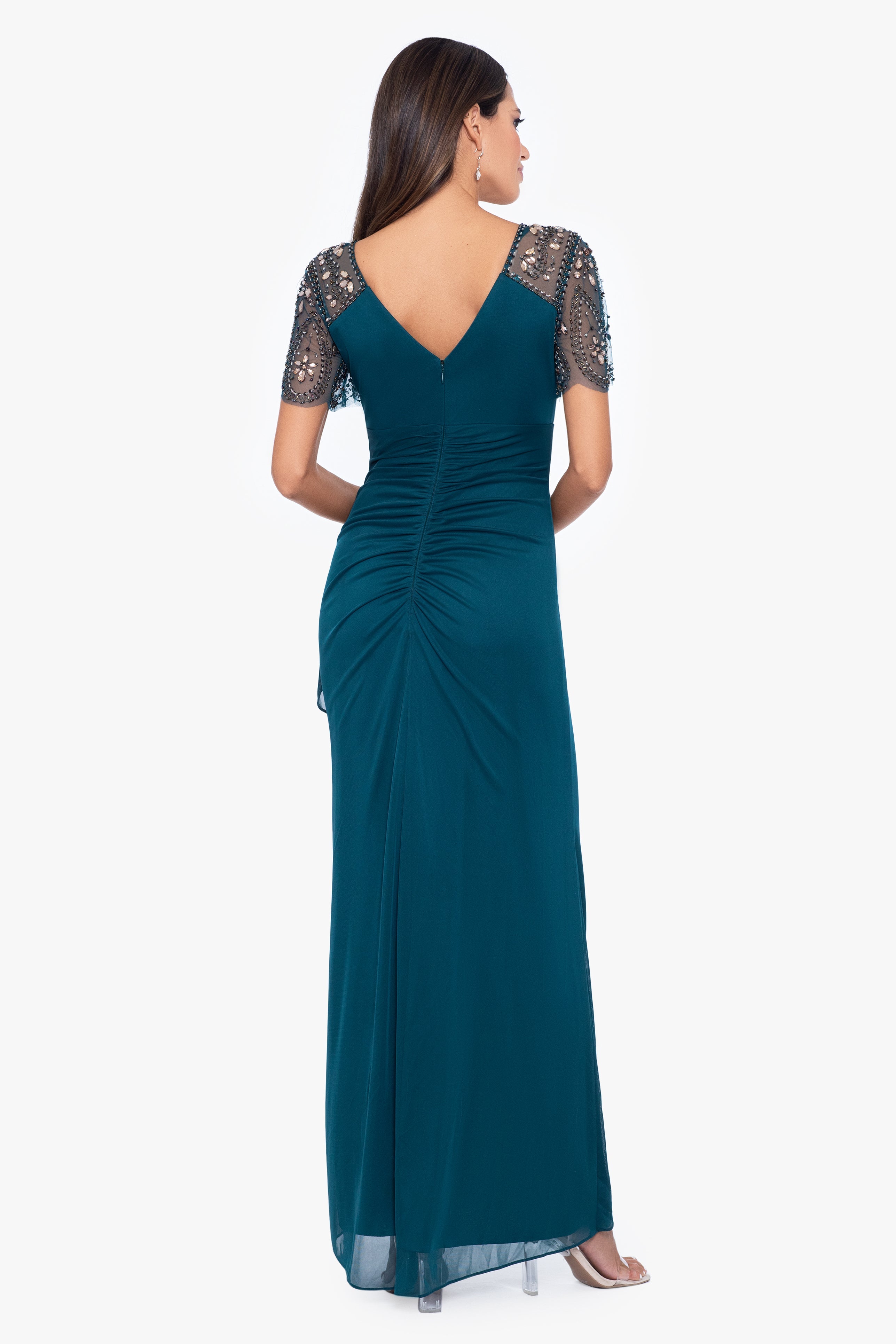 "Lana" Long V-Neck Beaded Flutter Sleeve Dress