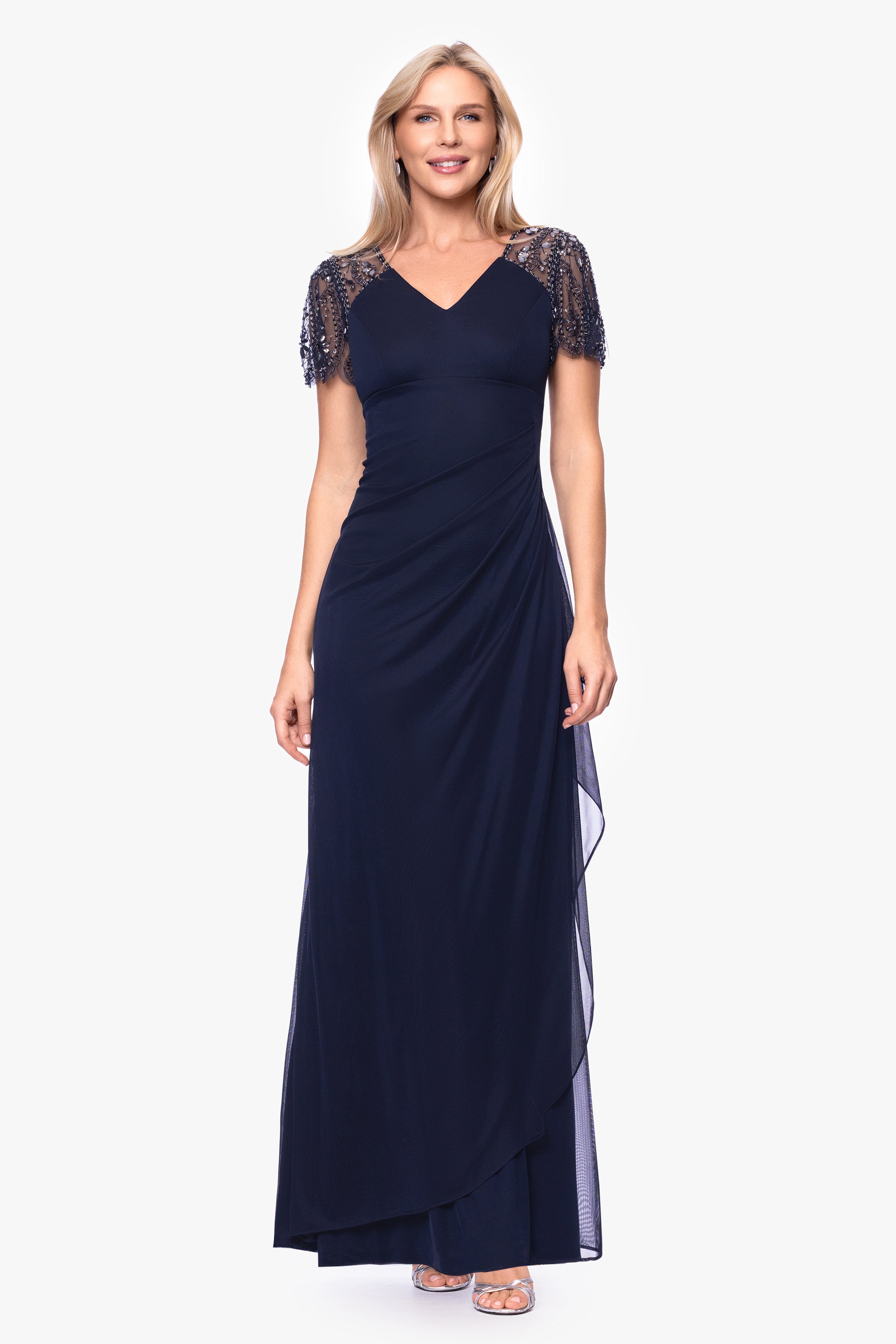 Petite "Lana" Long V-Neck Beaded Flutter Sleeve Dress