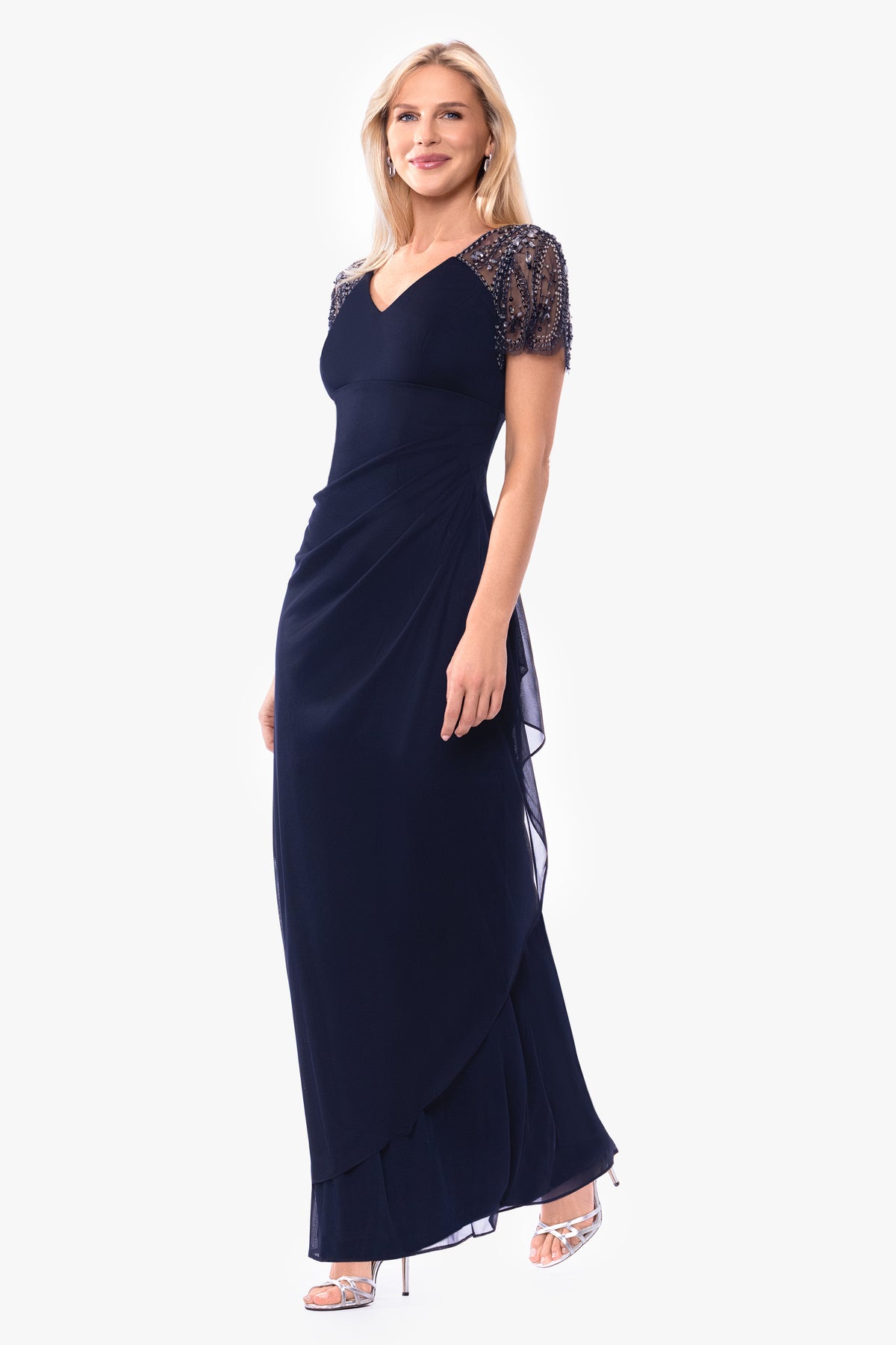 Petite "Lana" Long V-Neck Beaded Flutter Sleeve Dress