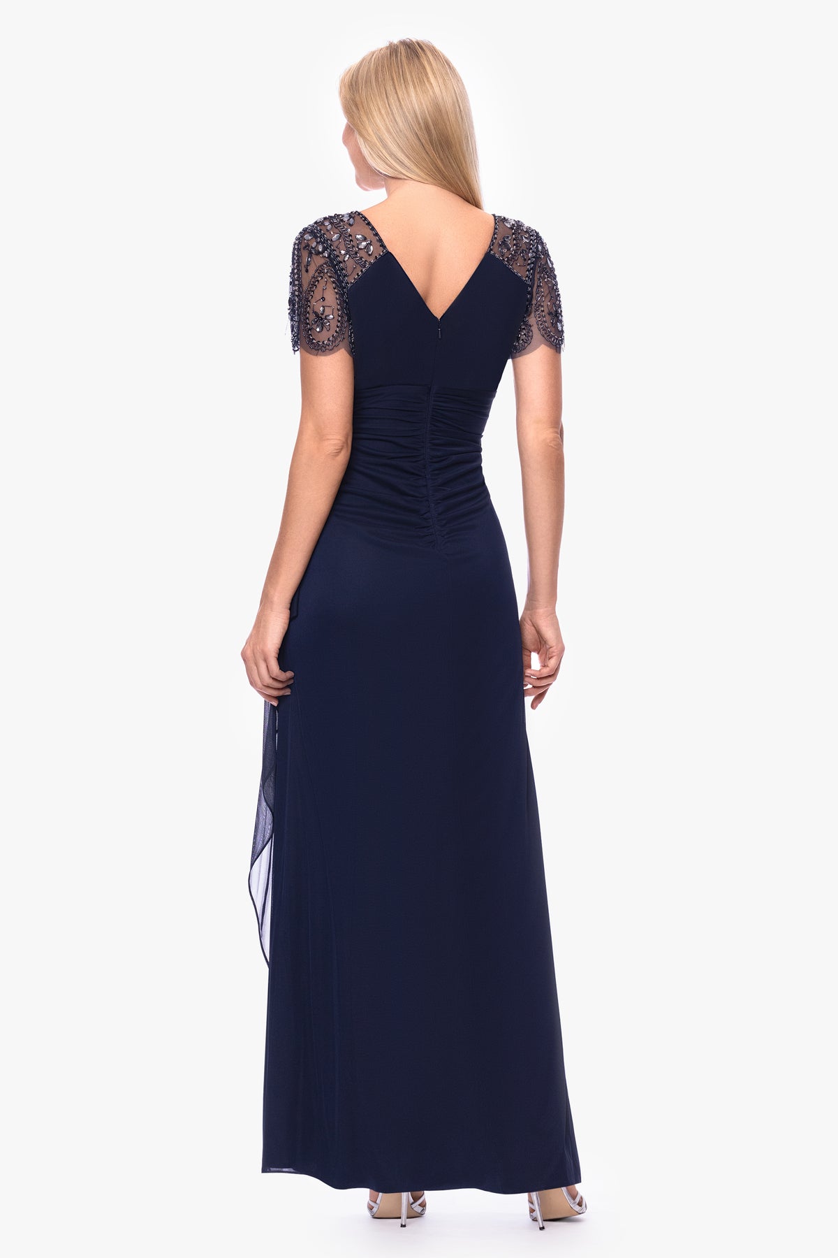Petite "Lana" Long V-Neck Beaded Flutter Sleeve Dress