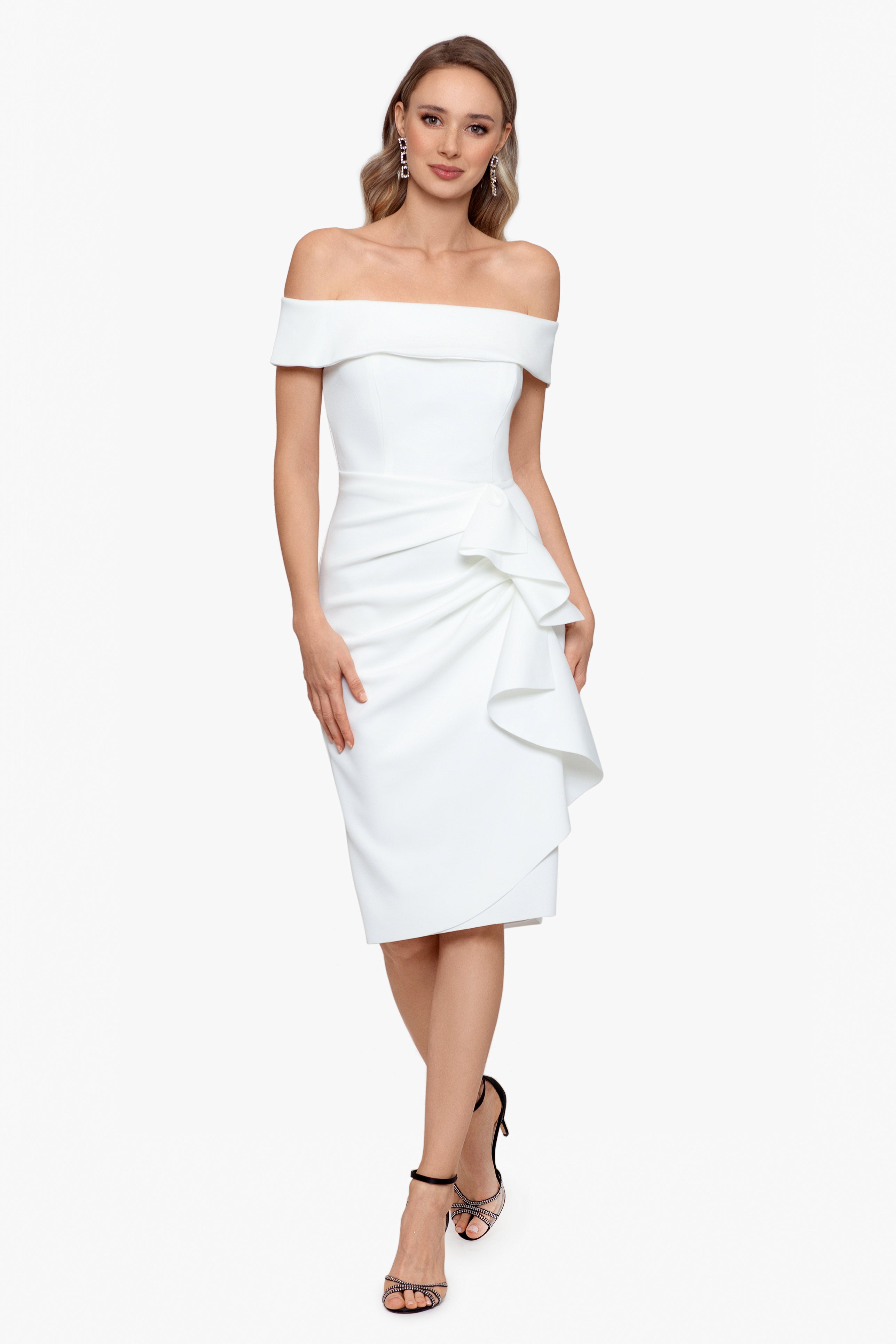 "Vanessa" Short Off The Shoulder Techno Scuba Side Ruched Dress