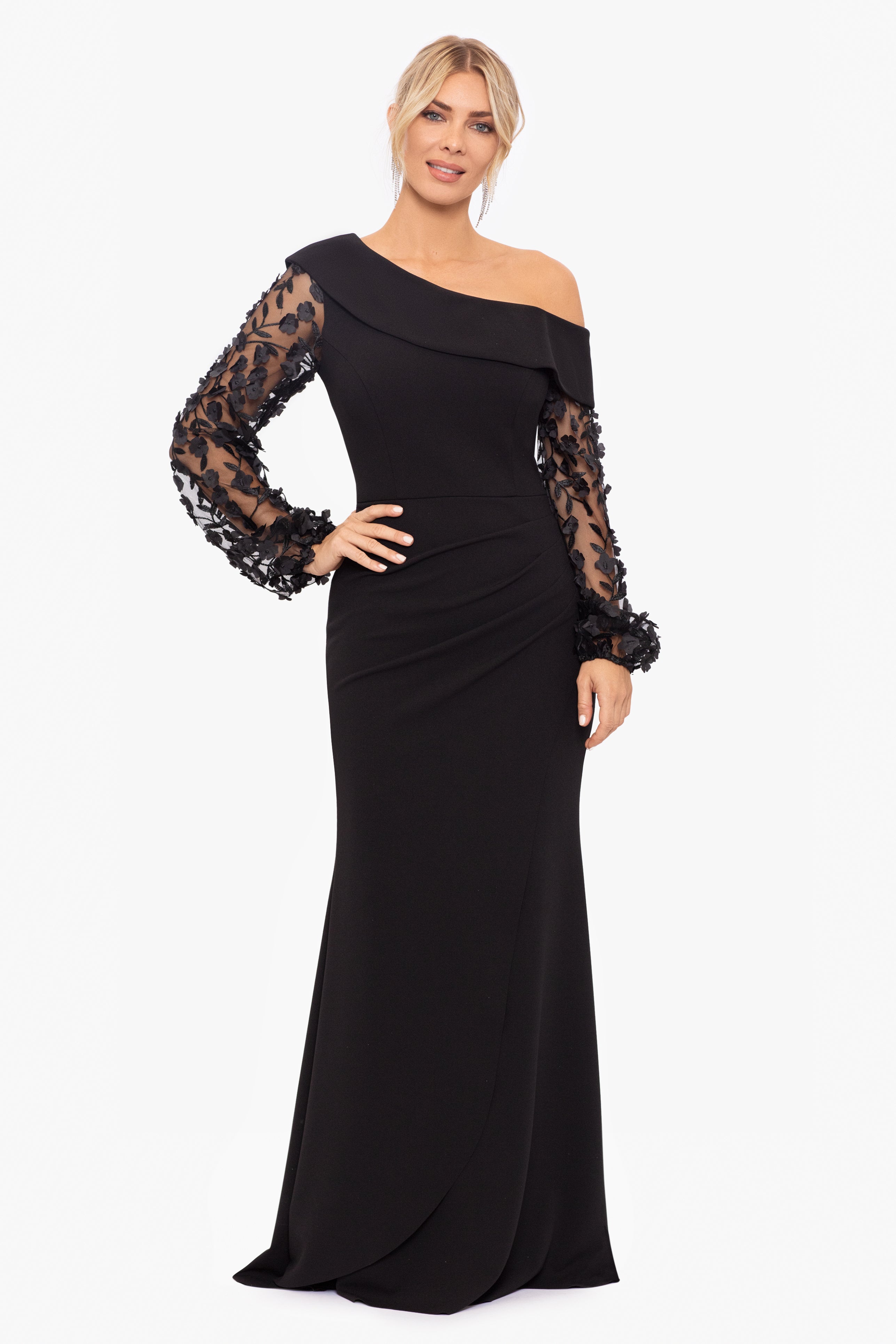 Petite "Ariana" Off the Shoulder Long Sleeve Scuba Crepe Dress