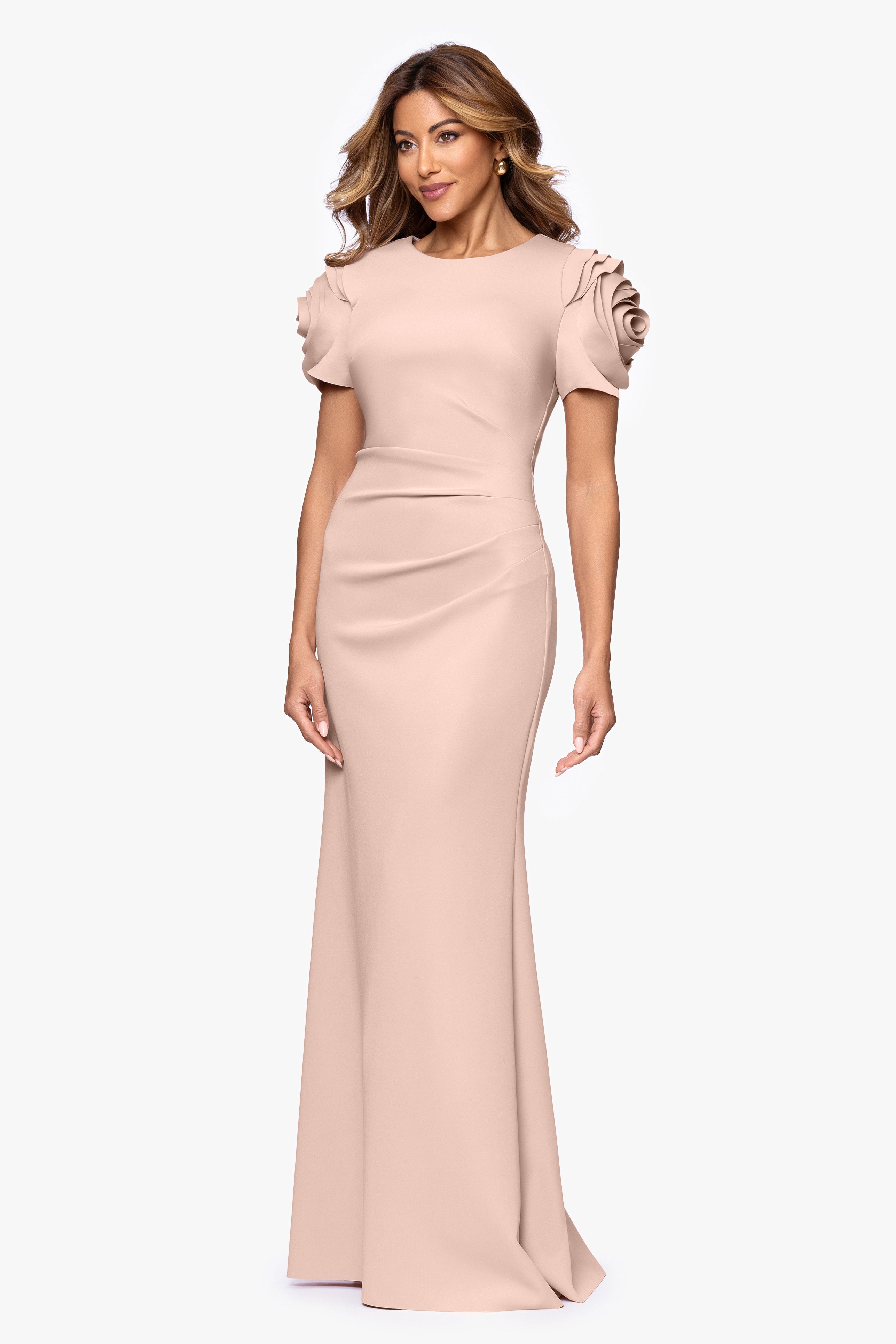 "Cami" Long Scuba Crepe with Flower Shoulder Dress