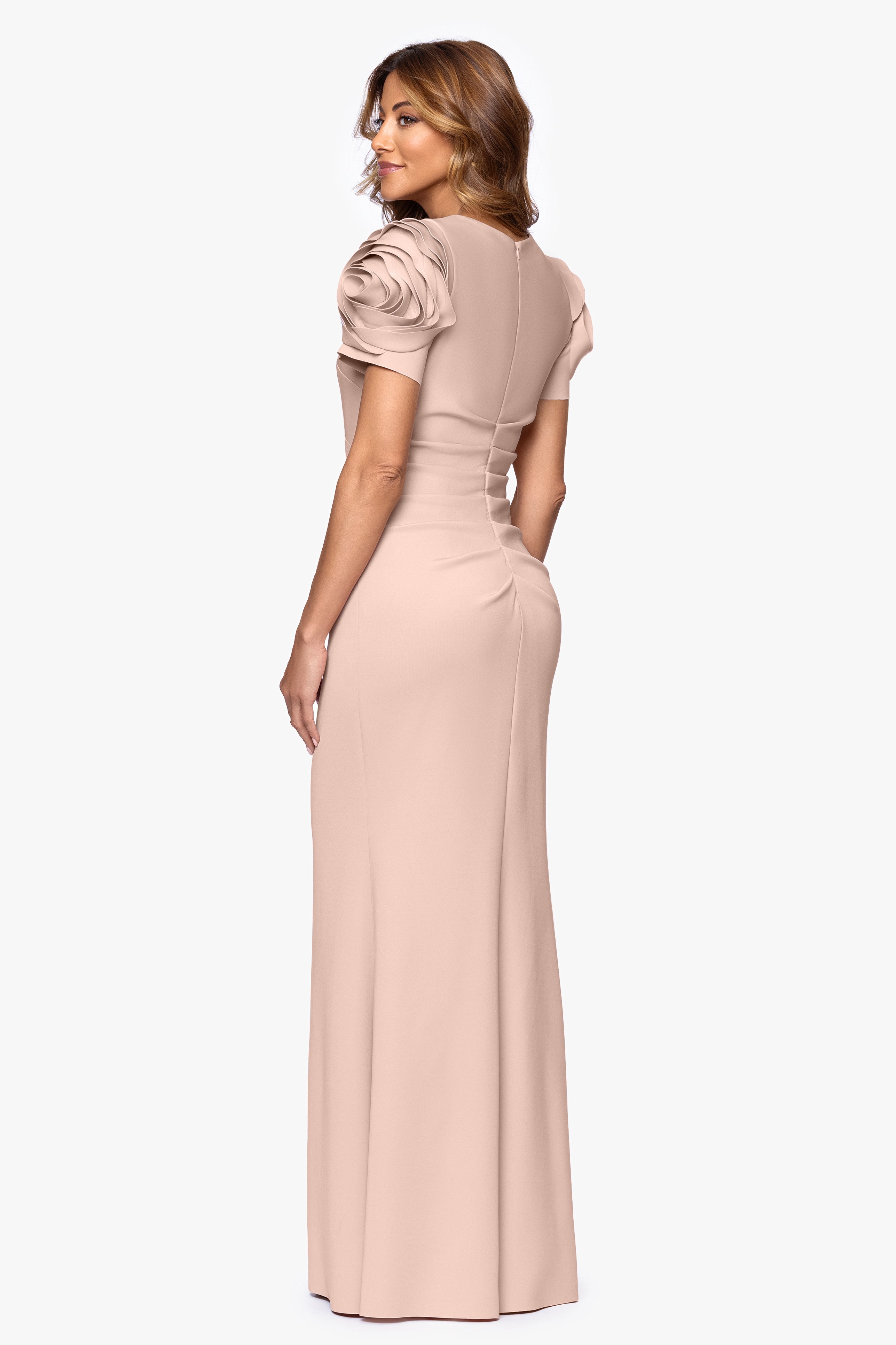 "Cami" Long Scuba Crepe with Flower Shoulder Dress