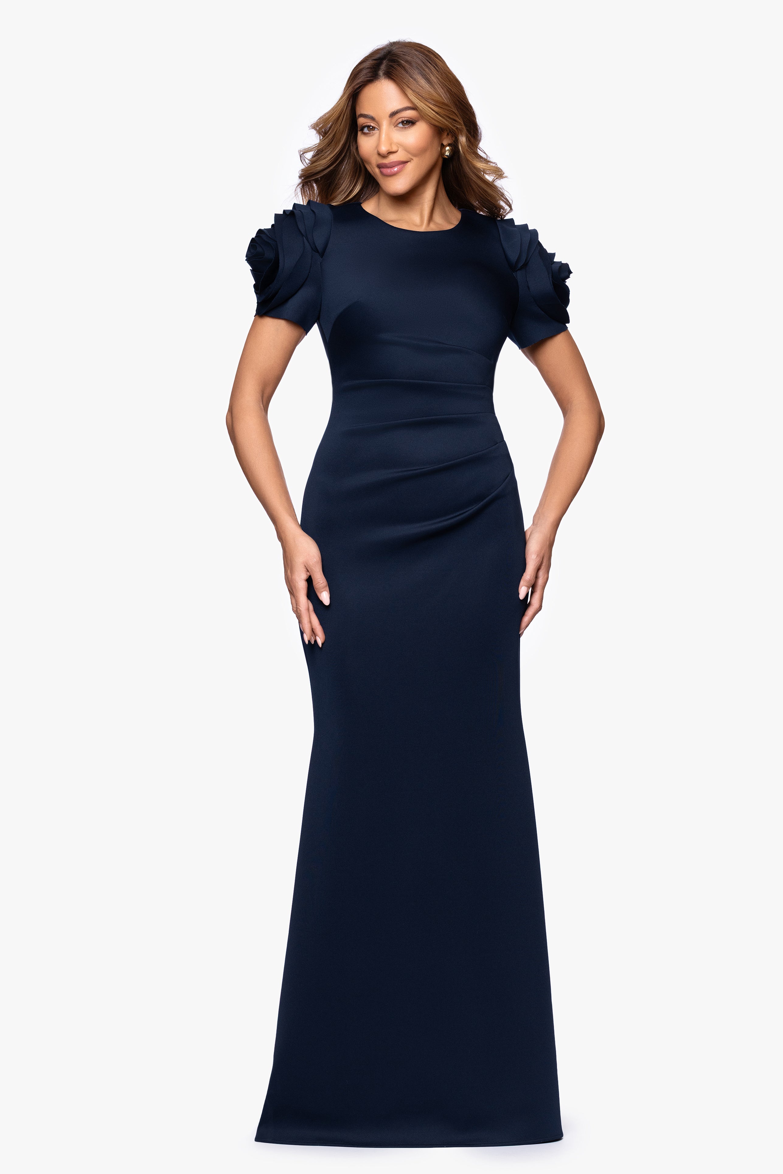 "Cami" Long Scuba Crepe with Flower Shoulder Dress