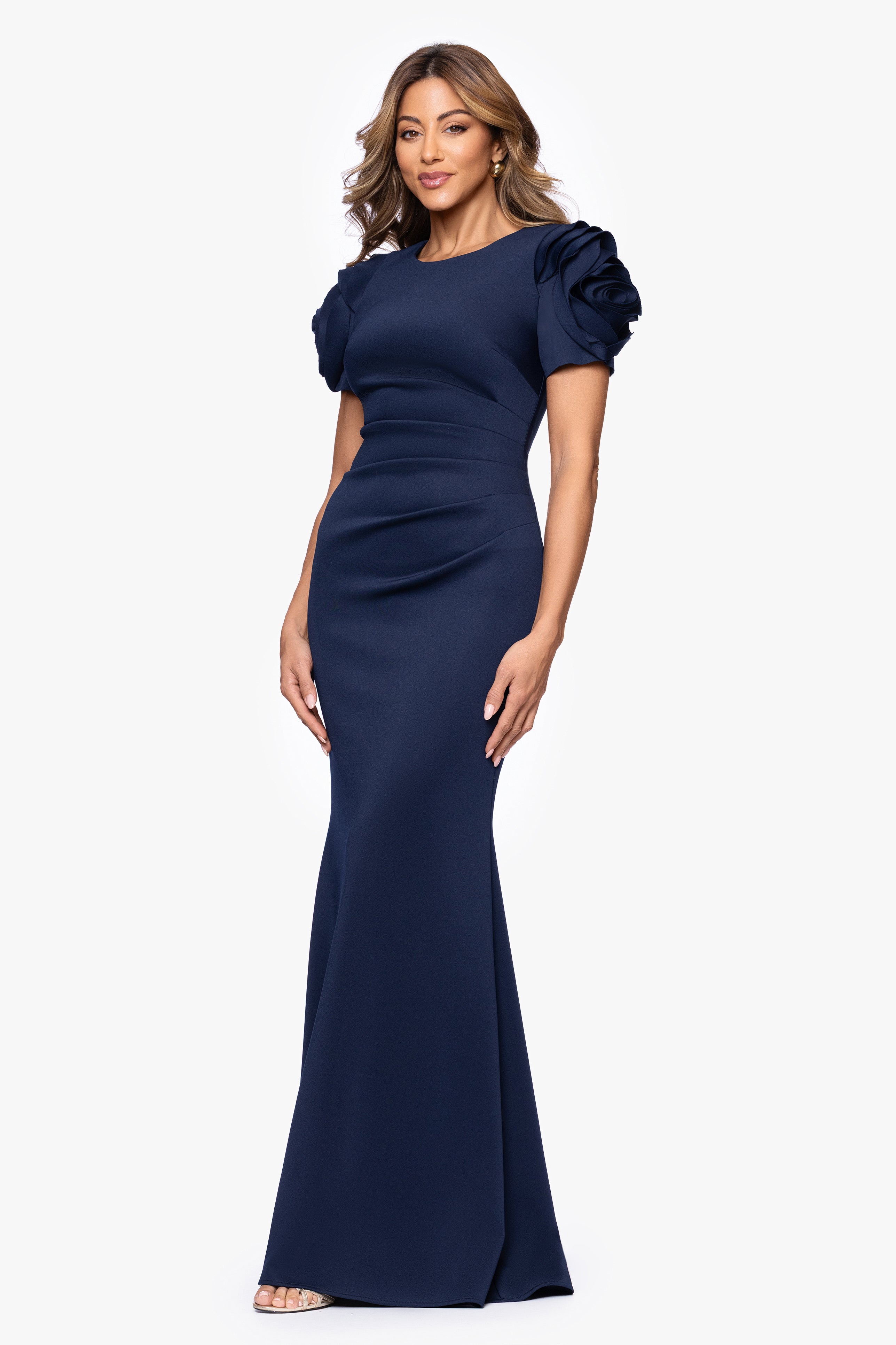 "Cami" Long Scuba Crepe with Flower Shoulder Dress