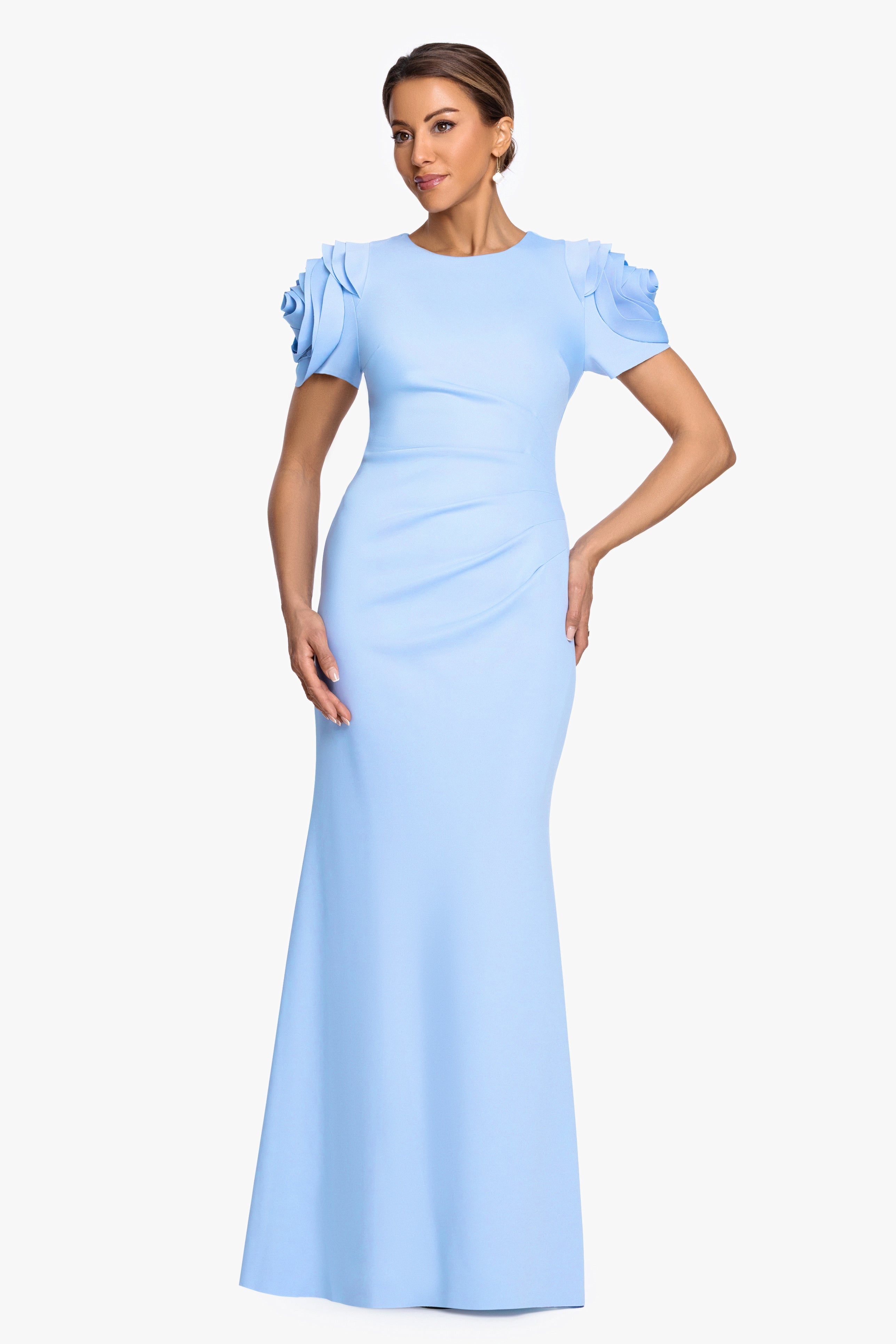 "Cami" Long Techno Scuba with Flower Shoulder Dress
