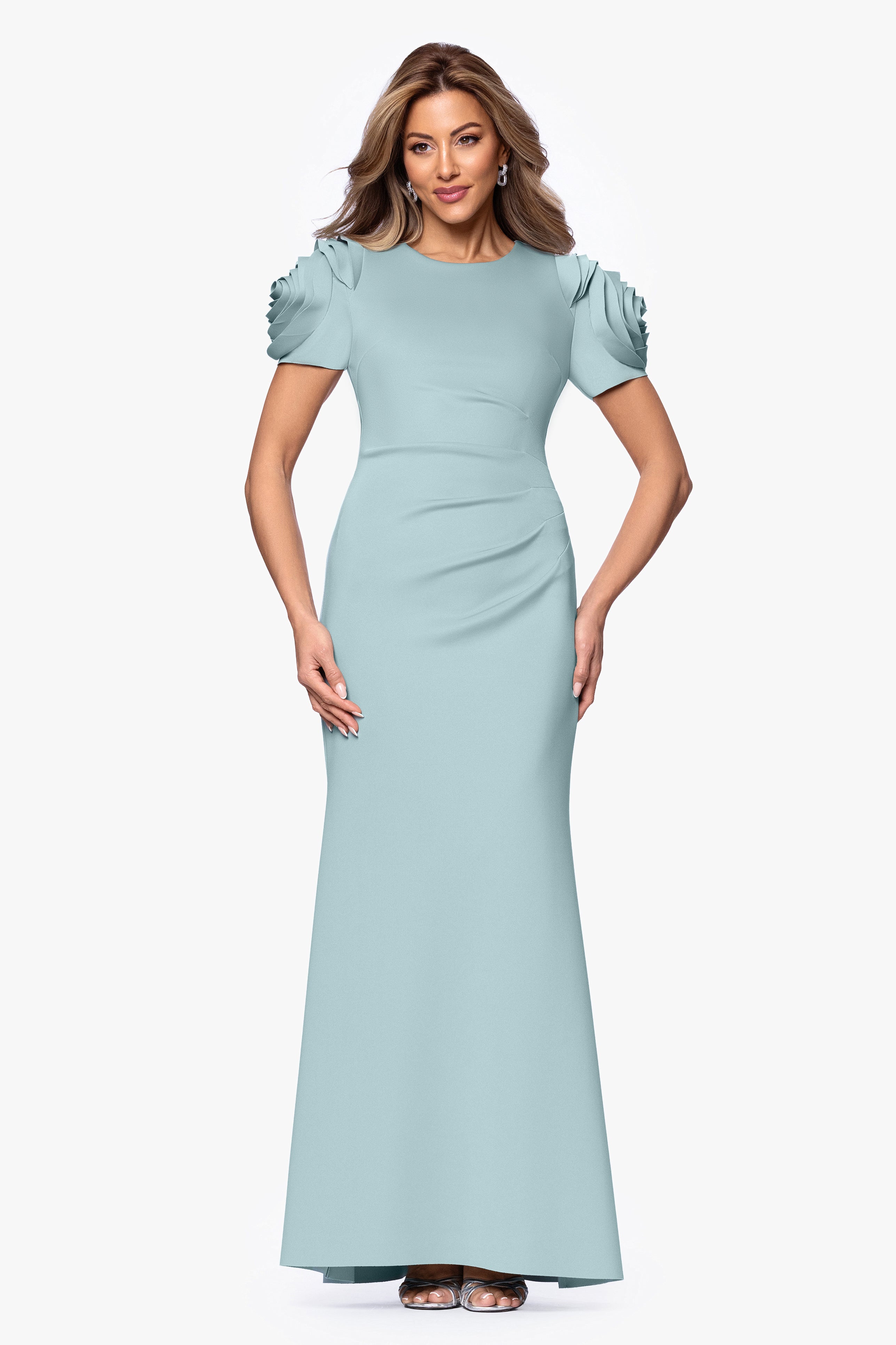 "Cami" Long Scuba Crepe with Flower Shoulder Dress