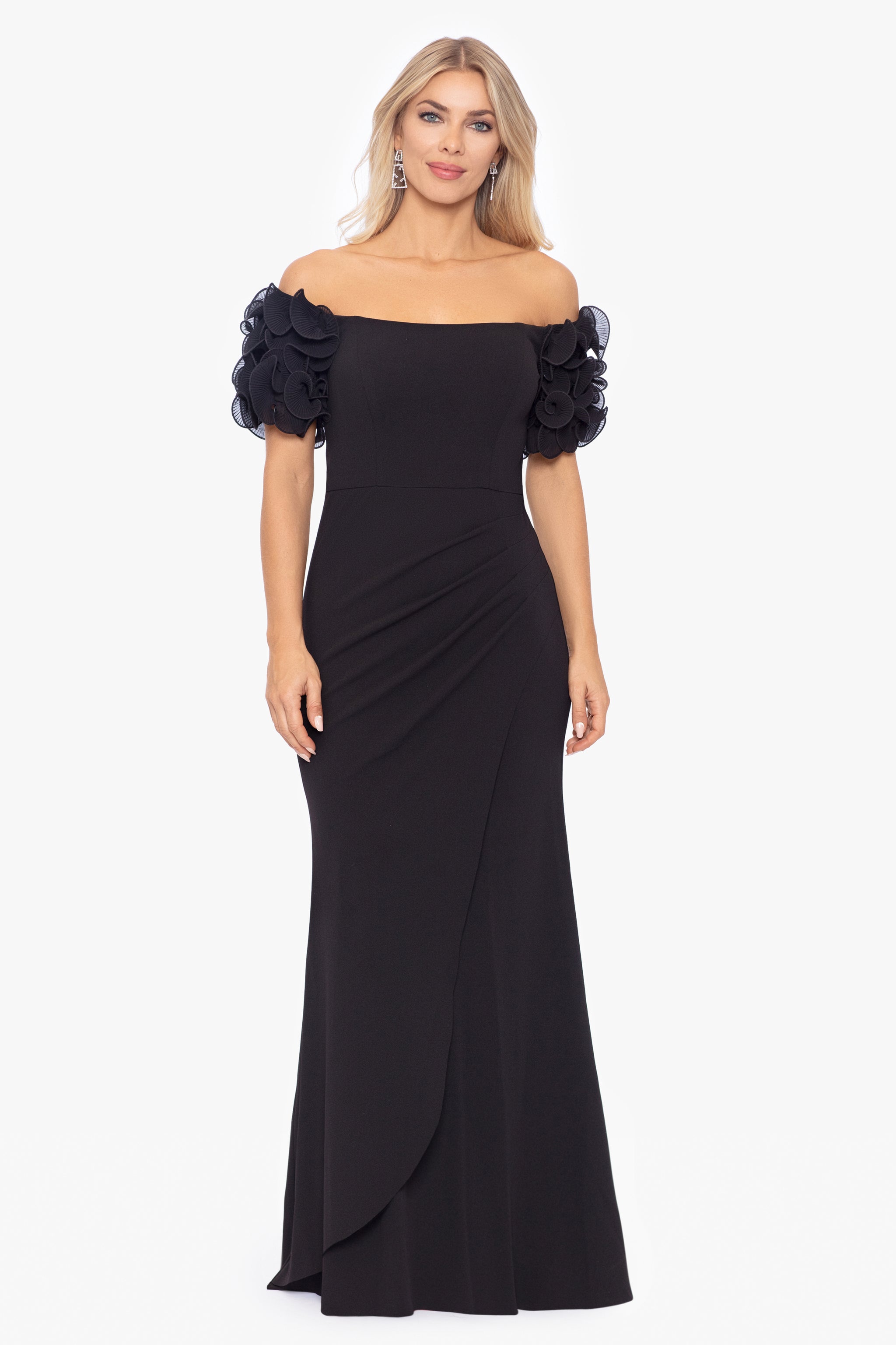Petite Embossed Crepe Gown with Bow Shoulder Detail