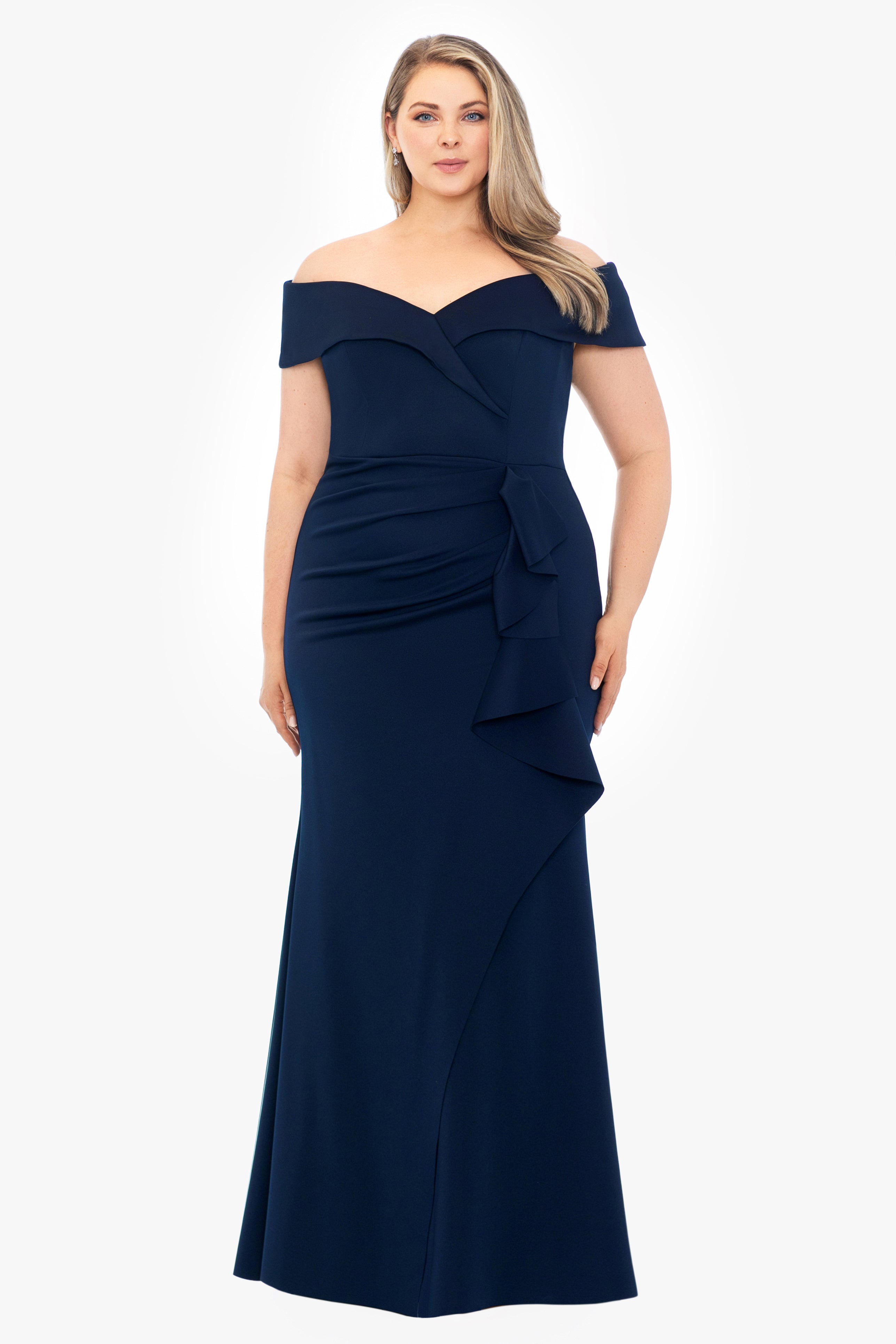 Plus "Patti" Long Off the Shoulder Techno Scuba Dress
