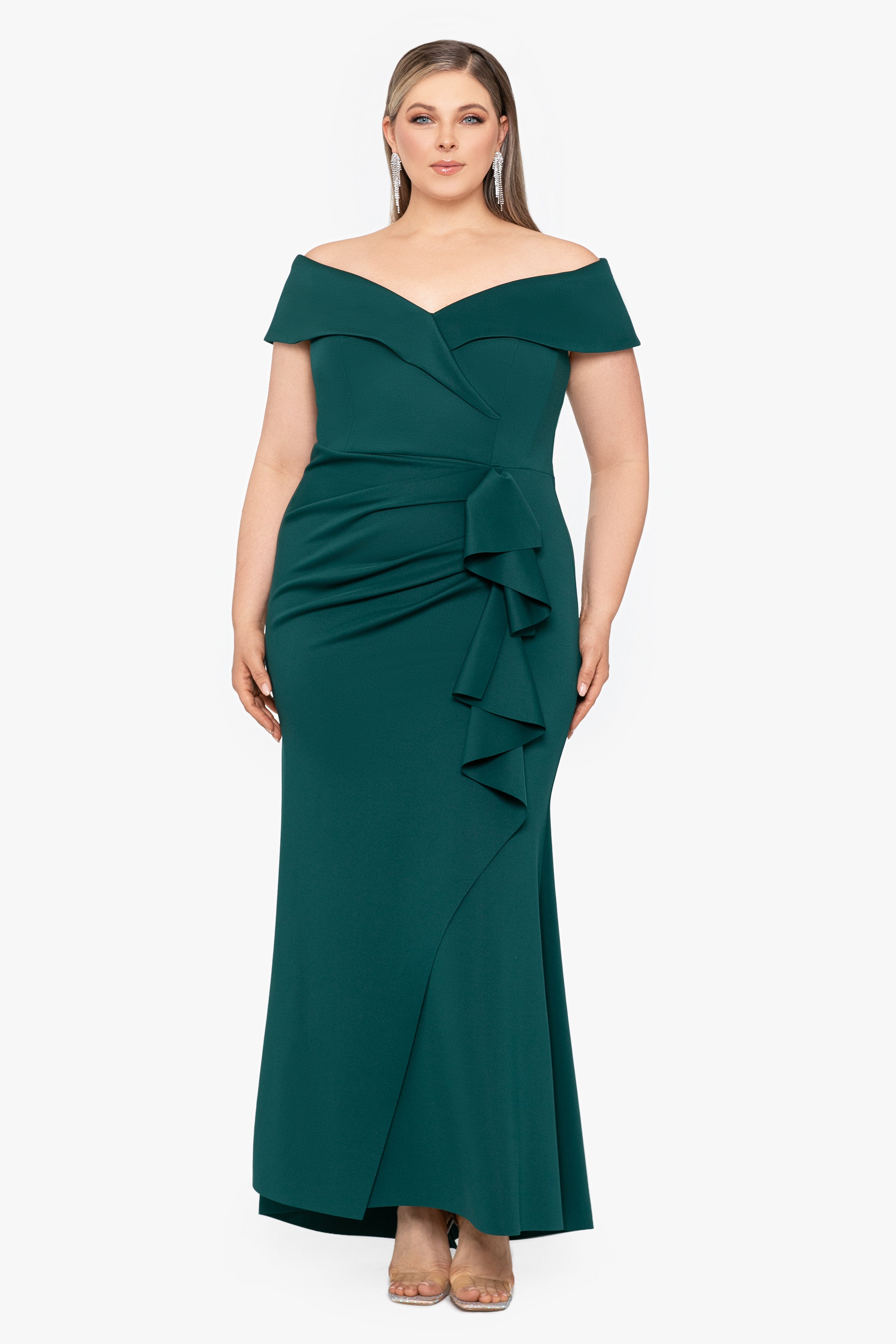 Plus "Patti" Long Off the Shoulder Techno Scuba Dress