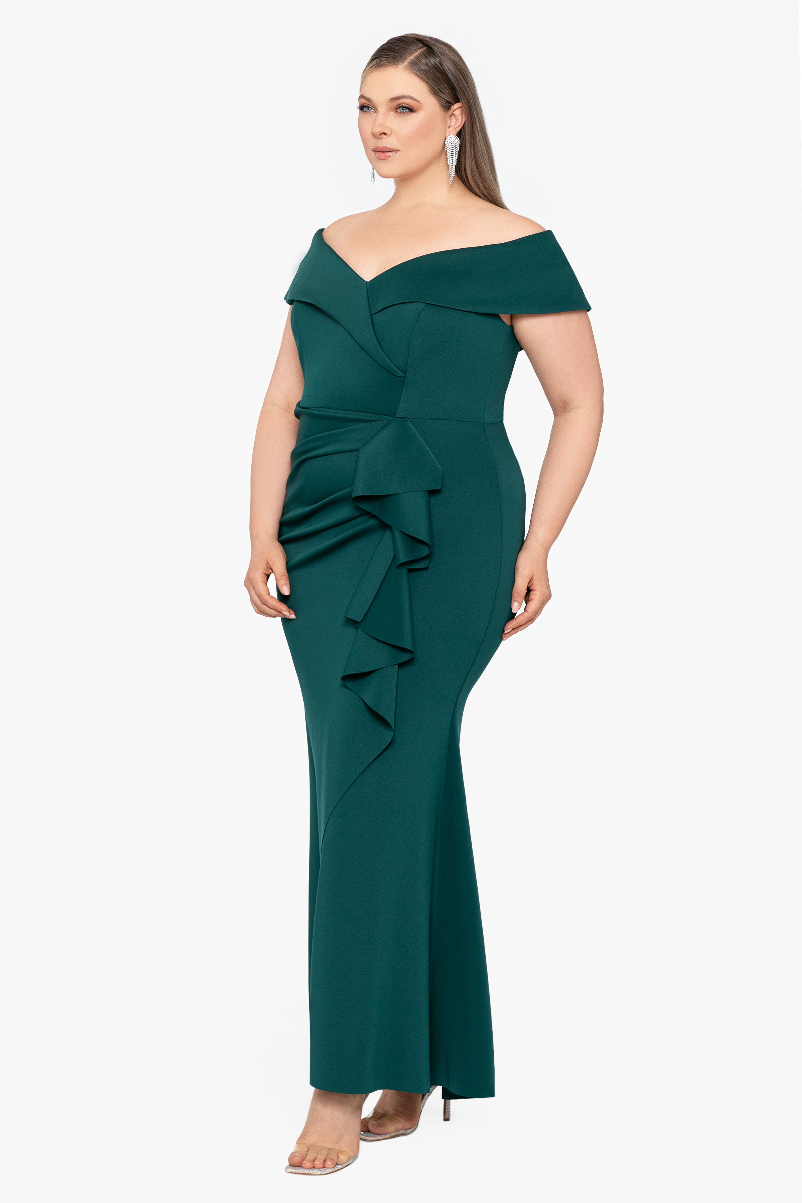 Plus "Patti" Long Off the Shoulder Techno Scuba Dress