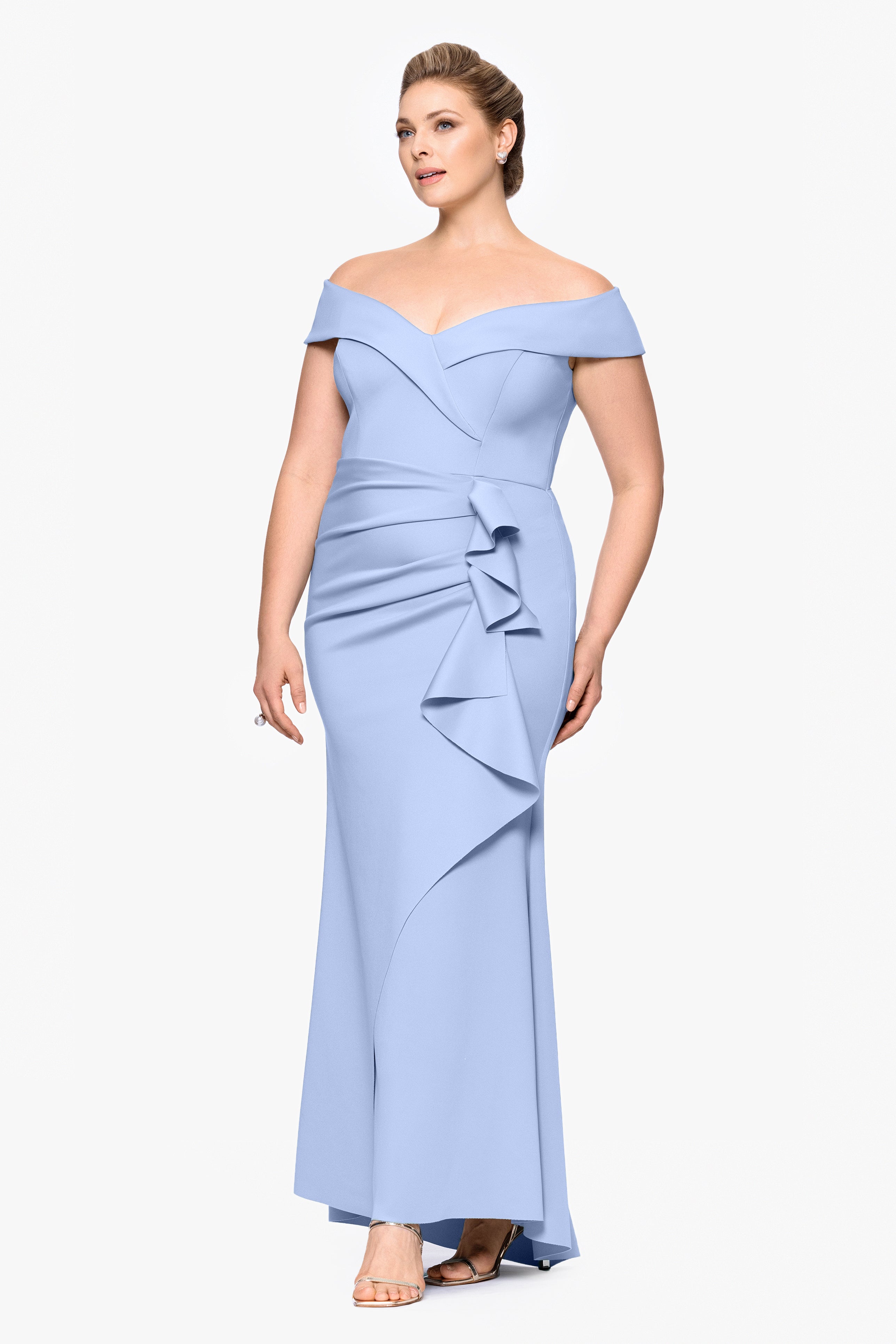 Plus "Patti" Long Off the Shoulder Techno Scuba Dress