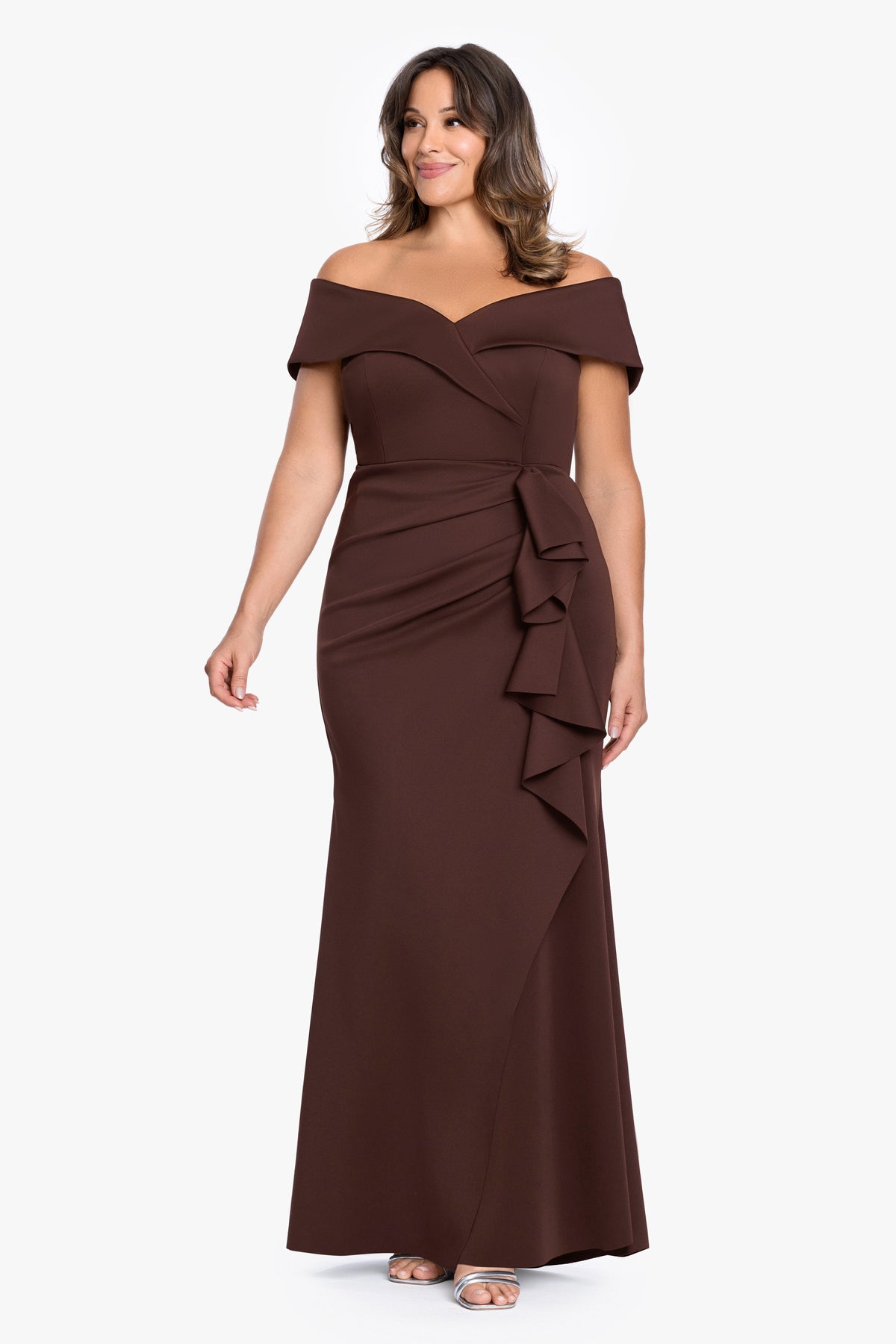 Plus "Patti" Techno Scuba Off The Shoulder Dress