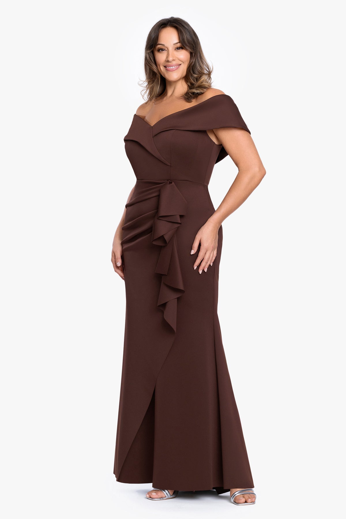 Plus "Patti" Techno Scuba Off The Shoulder Dress