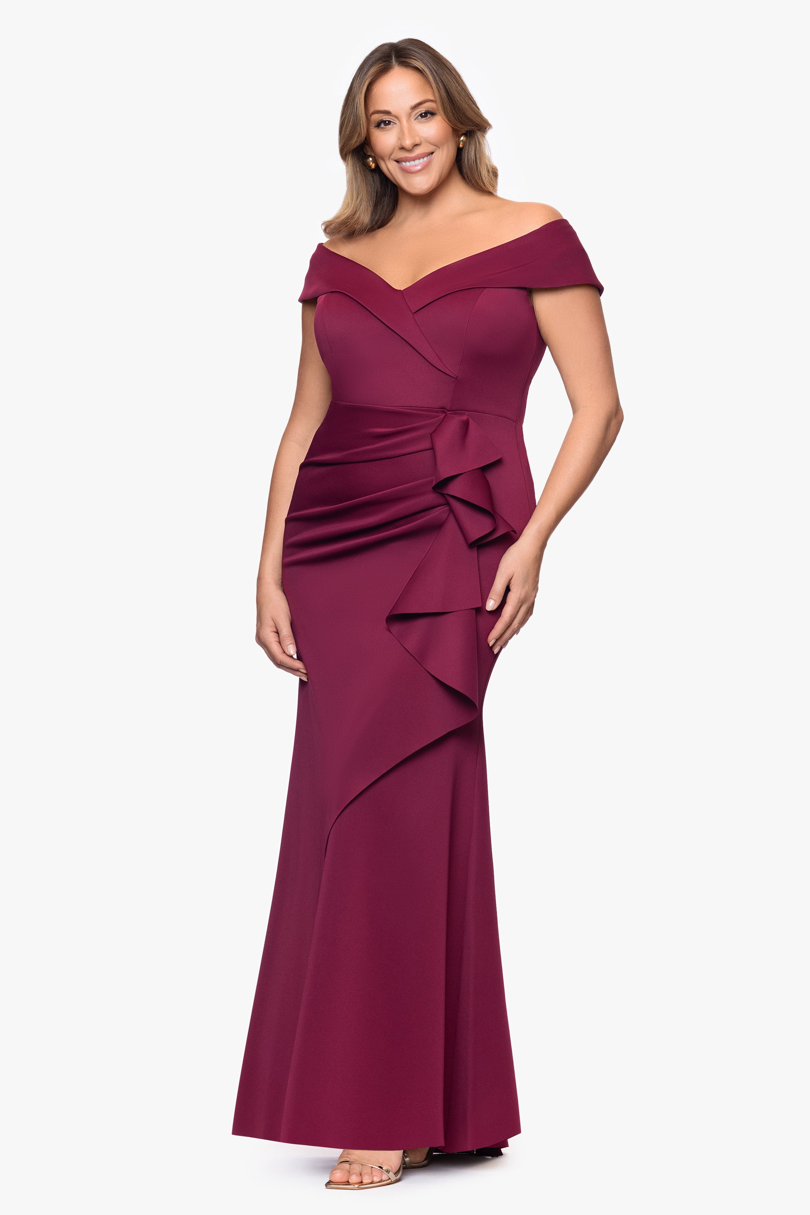 Plus "Patti" Long Off the Shoulder Scuba Crepe Dress