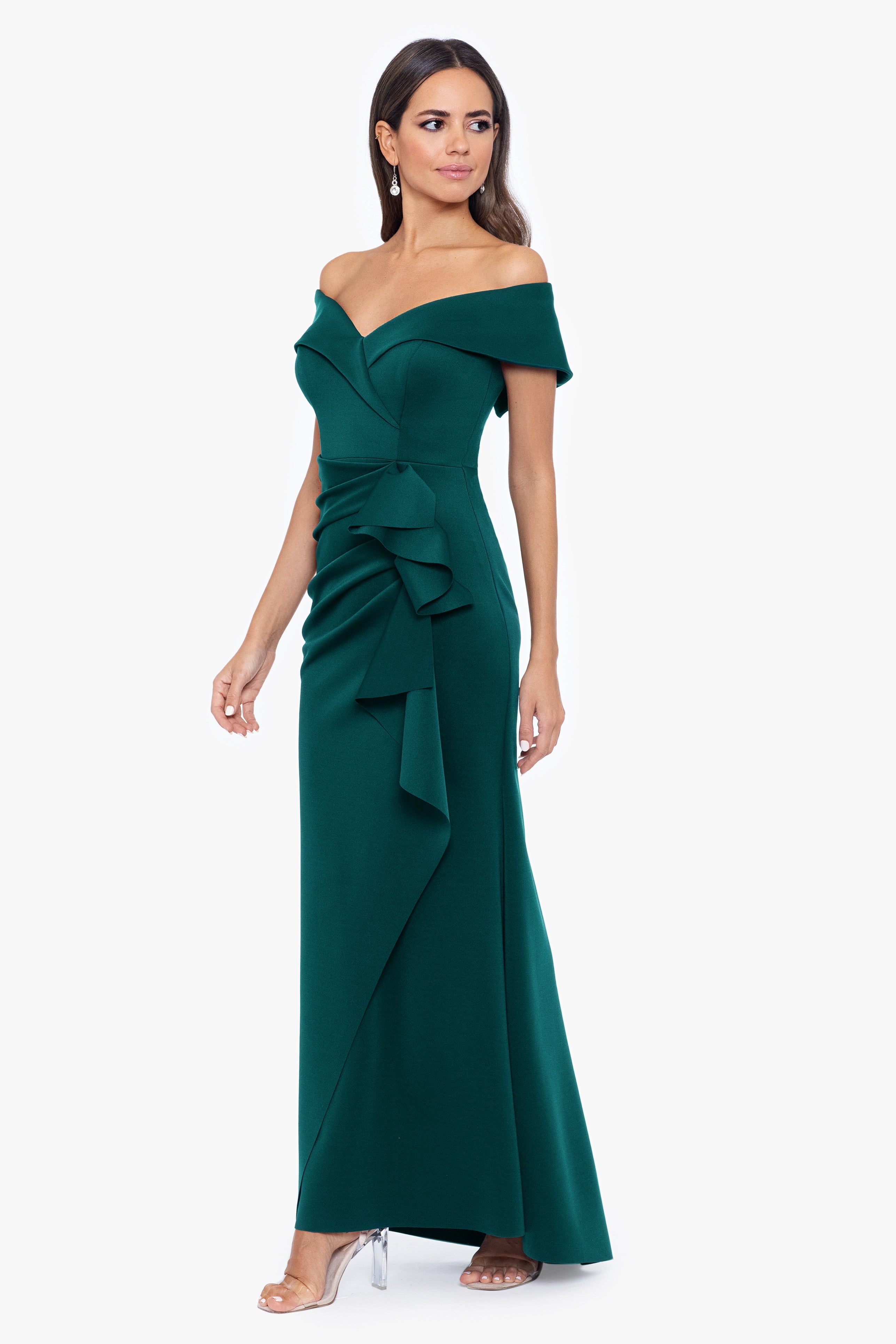 "Patti" Long Off the Shoulder Techno Scuba Dress