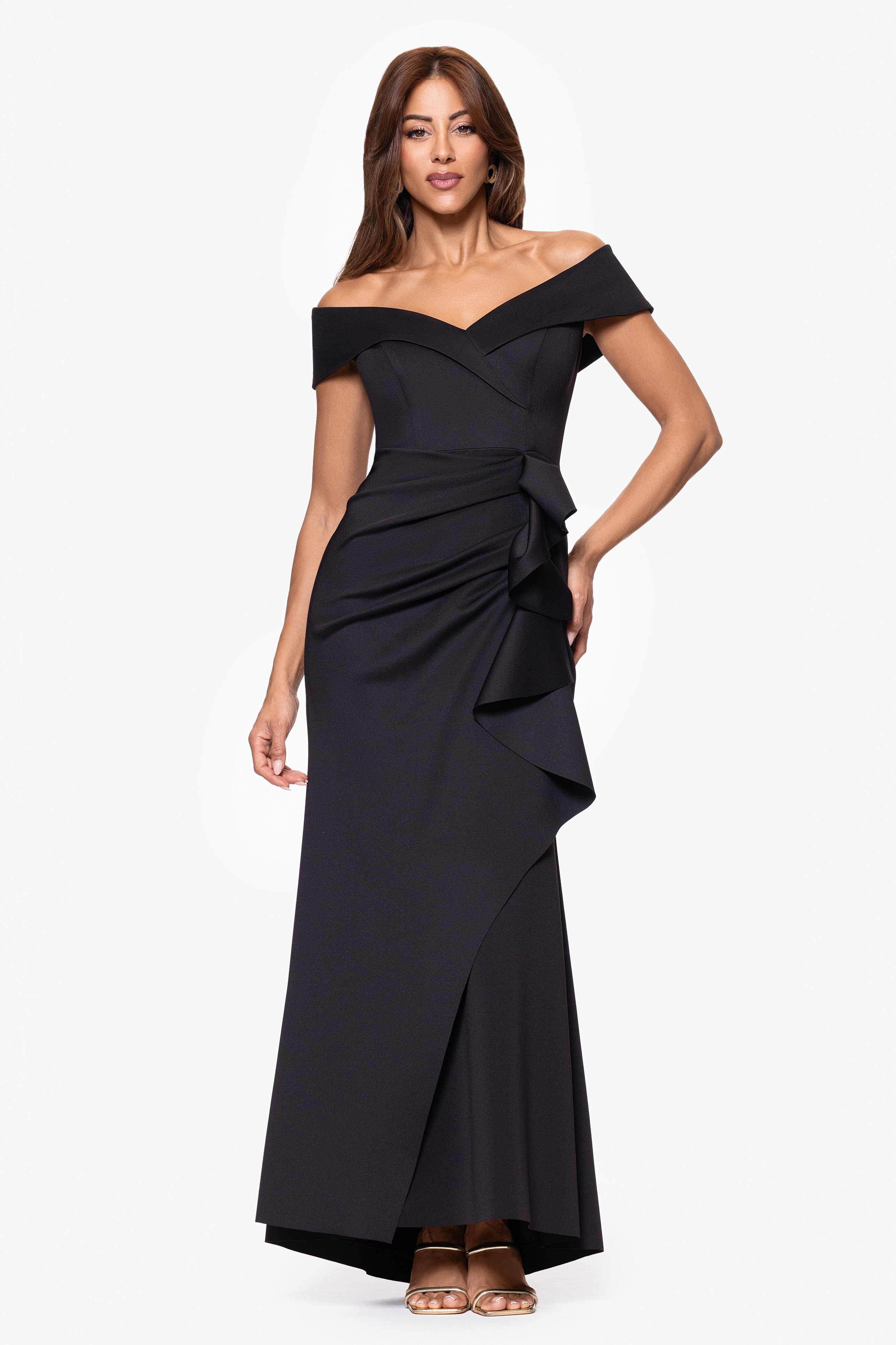 "Patti" Long Off the Shoulder Techno Scuba Dress