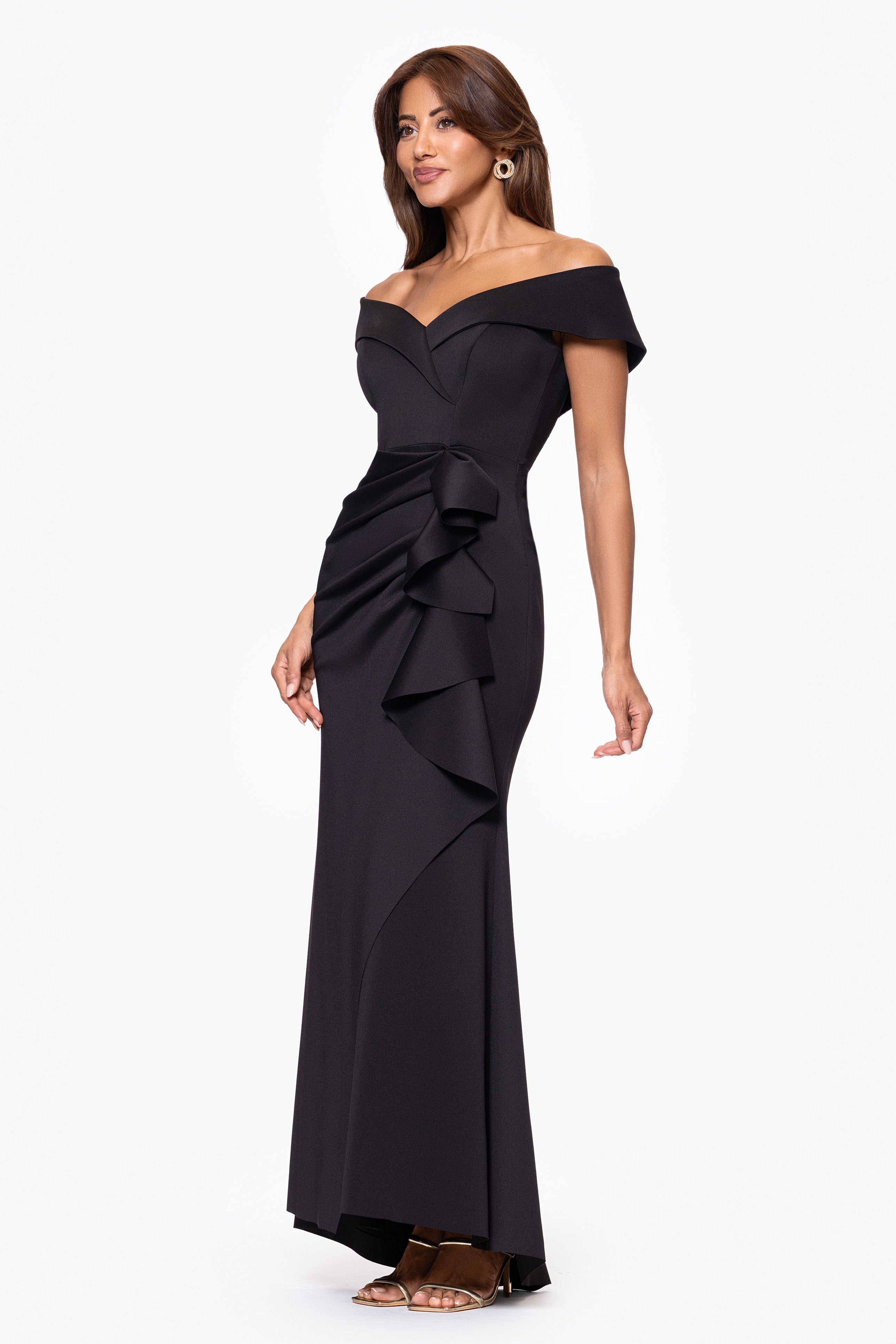 "Patti" Long Off the Shoulder Techno Scuba Dress