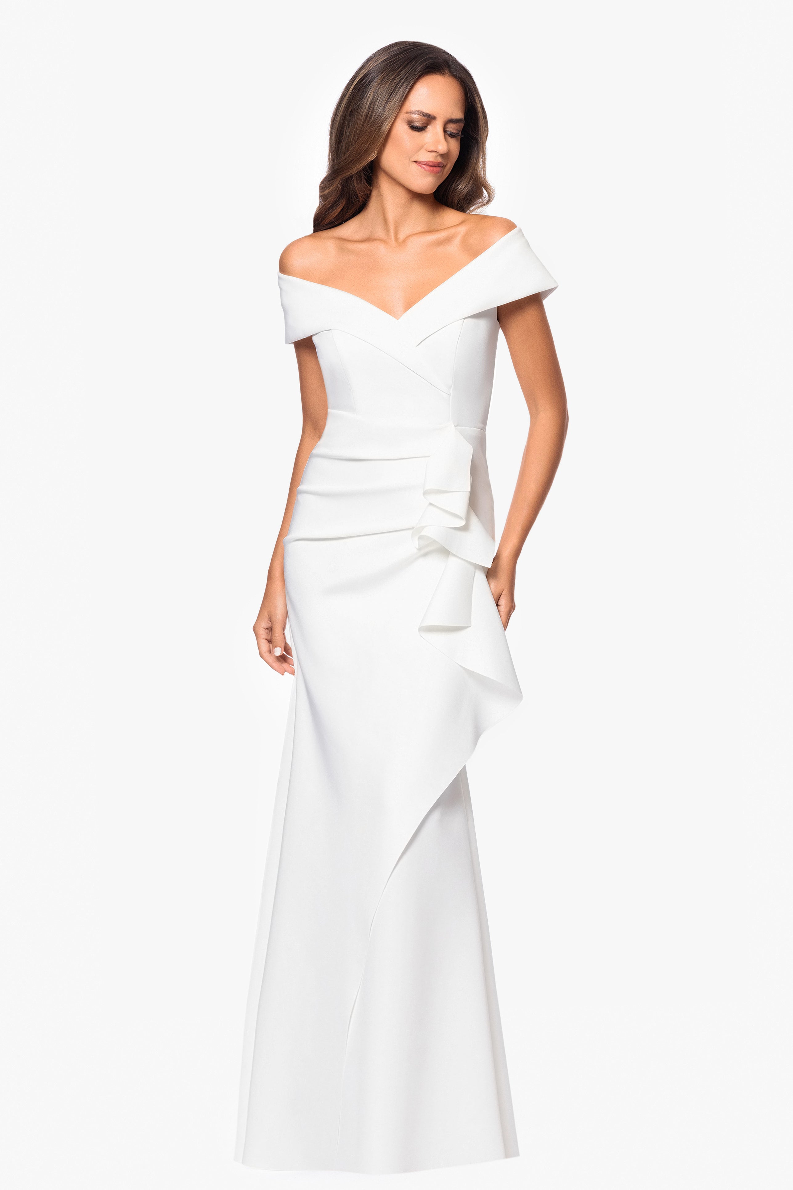 "Patti" Long Off the Shoulder Techno Scuba Dress