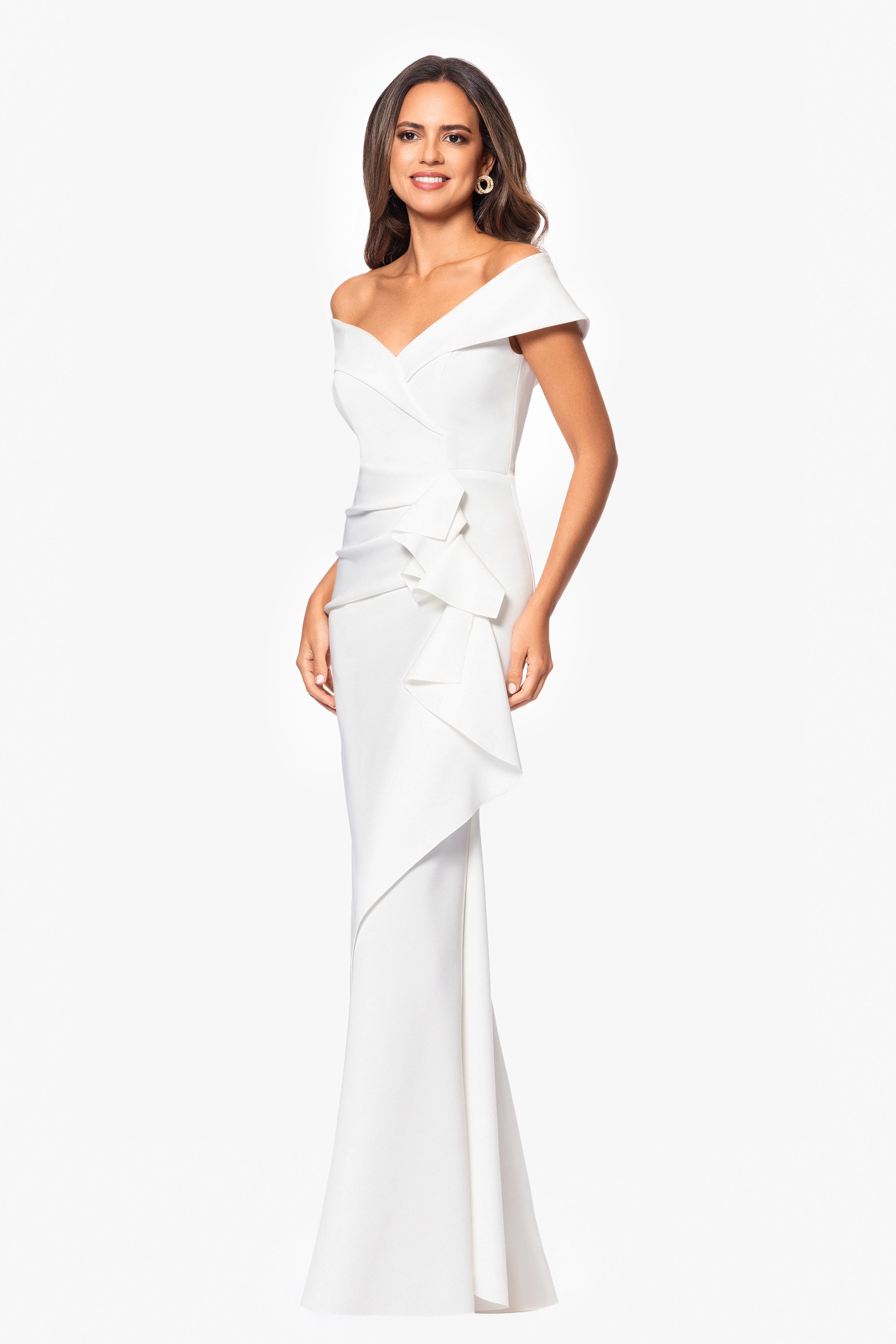 "Patti" Long Off the Shoulder Techno Scuba Dress