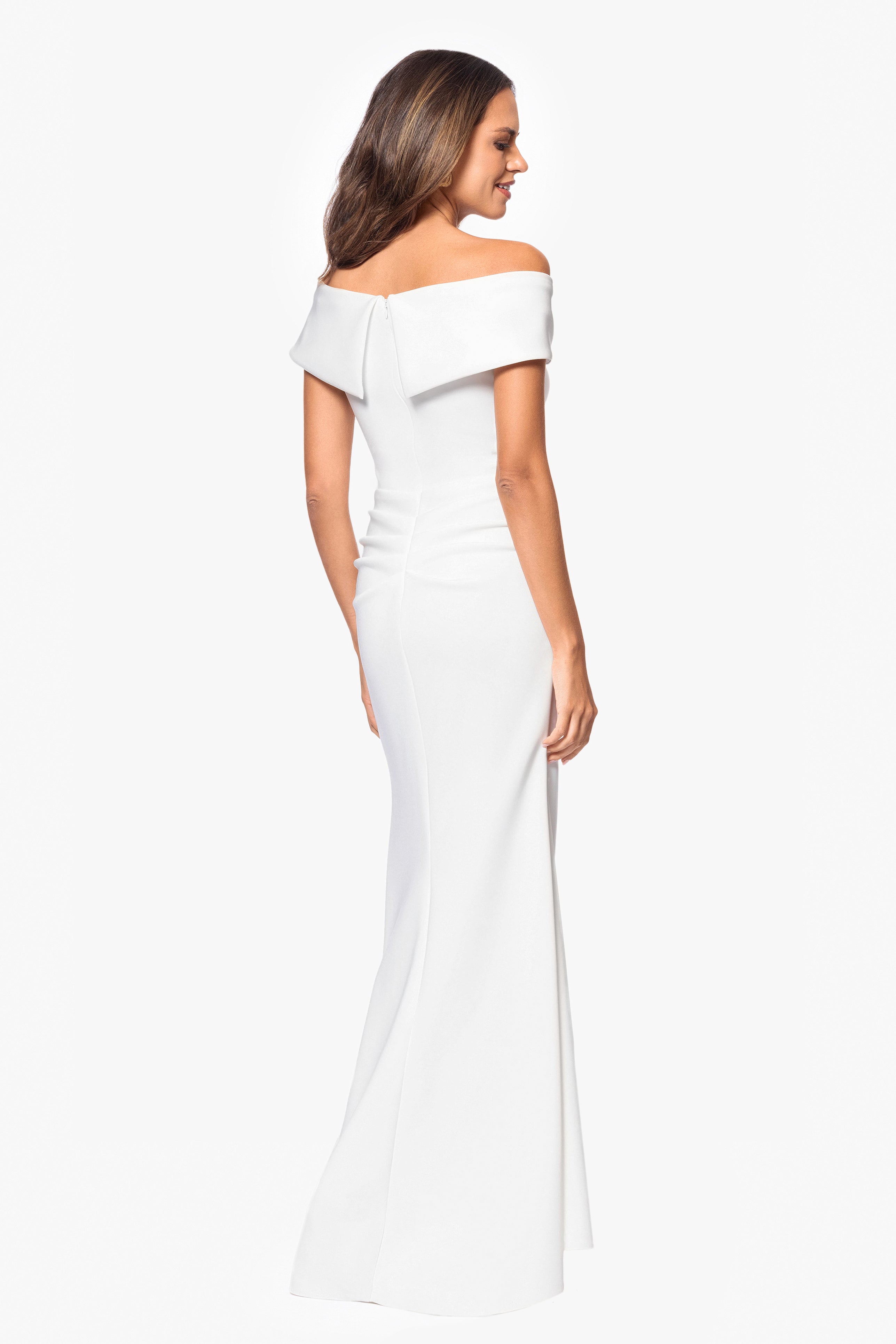 "Patti" Long Off the Shoulder Techno Scuba Dress